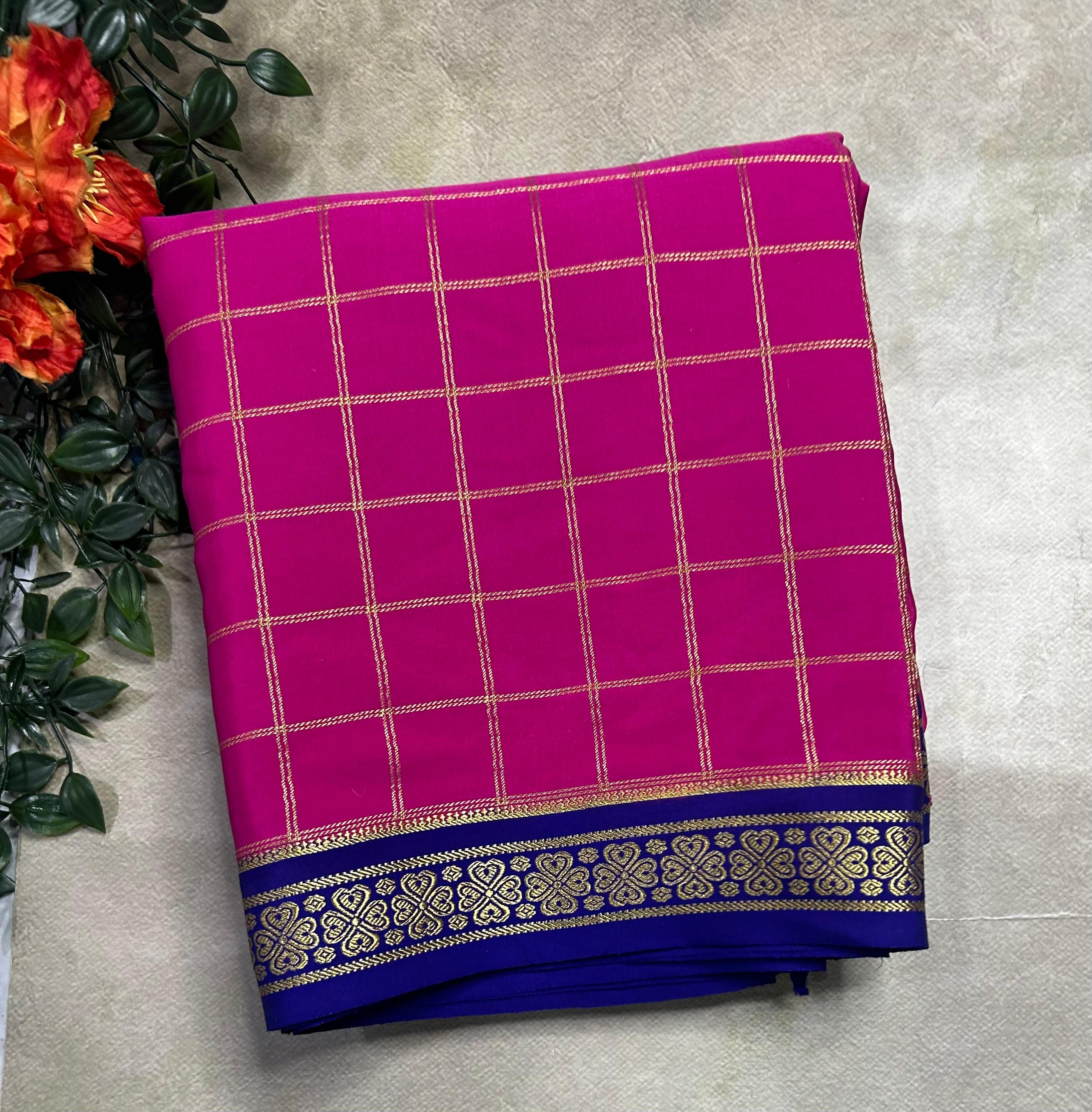Rani pink checks pure css zari Mysore silk 105 saree
