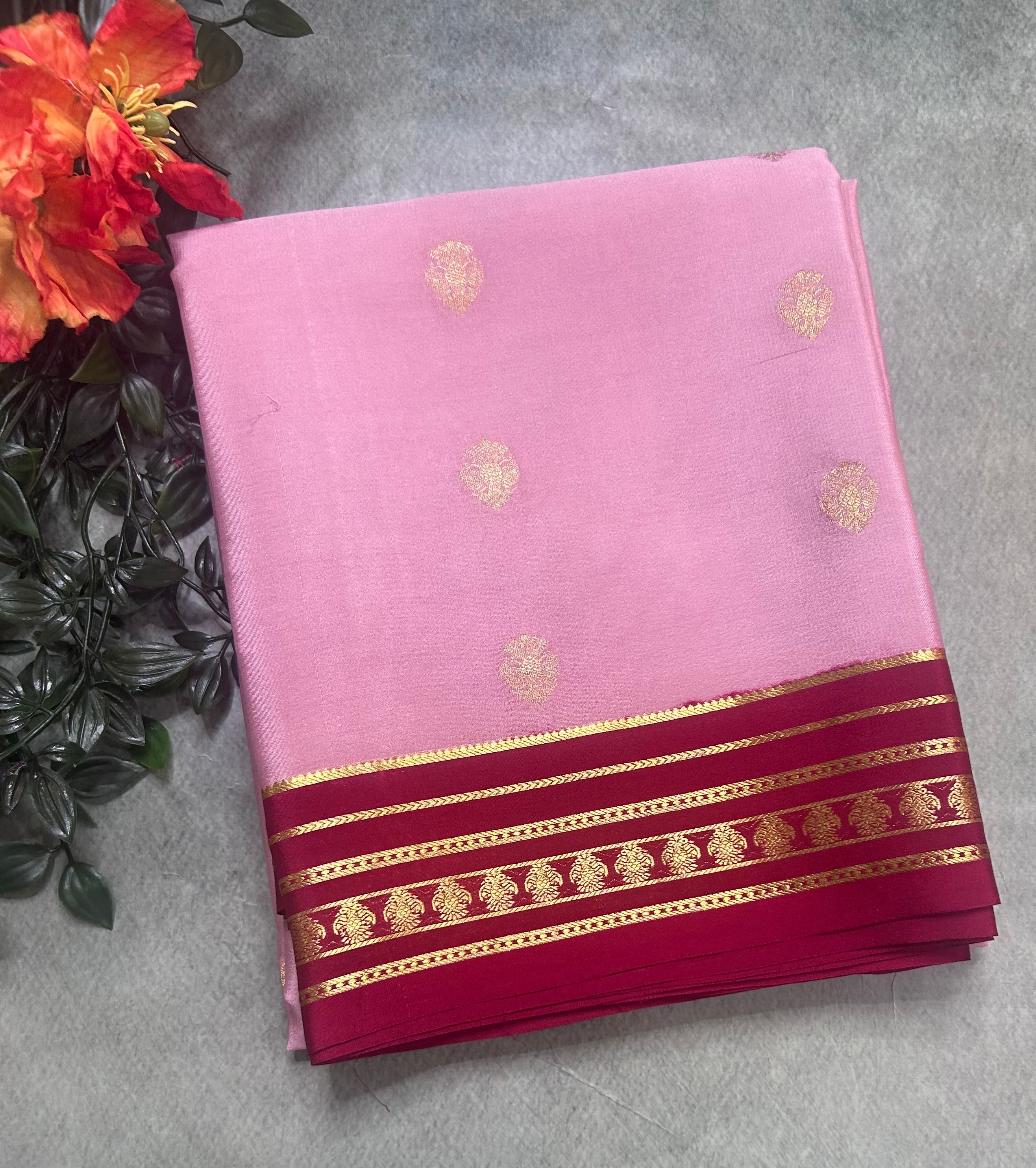 Pastel pink stripes border pure Mysore silk 106 saree