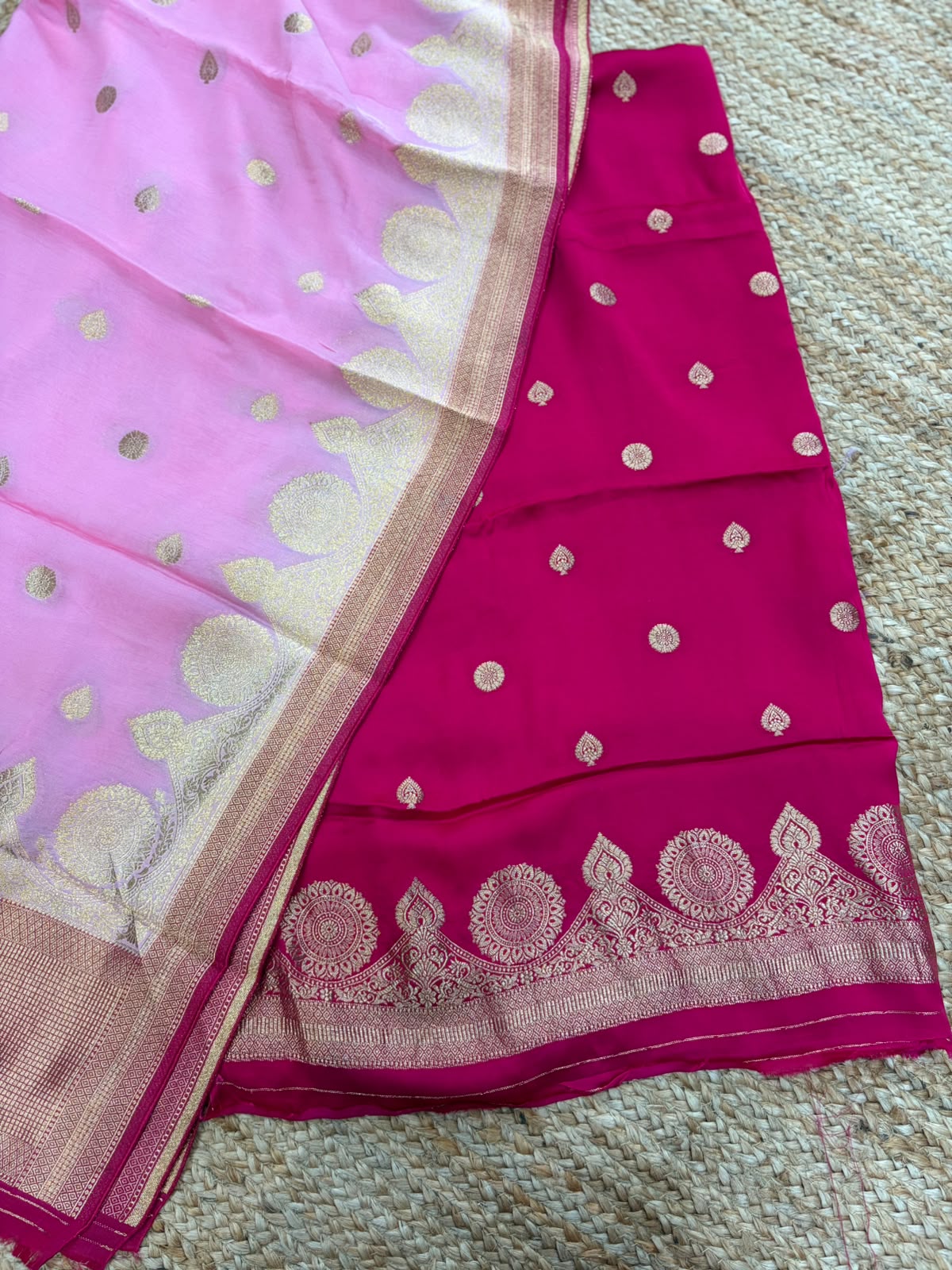 Baby Pink and Red Satin Banarasi Dress Material