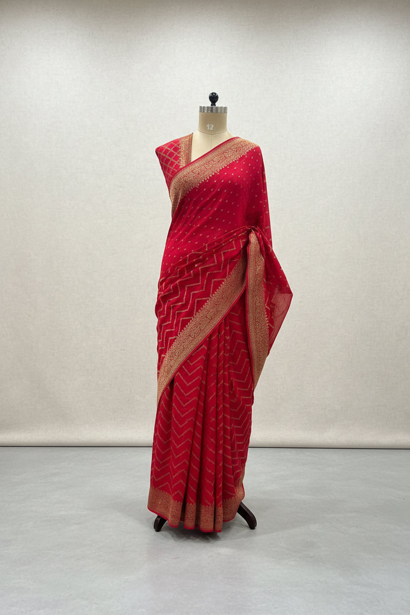 Red half n half pure benarasi crepe 105 saree