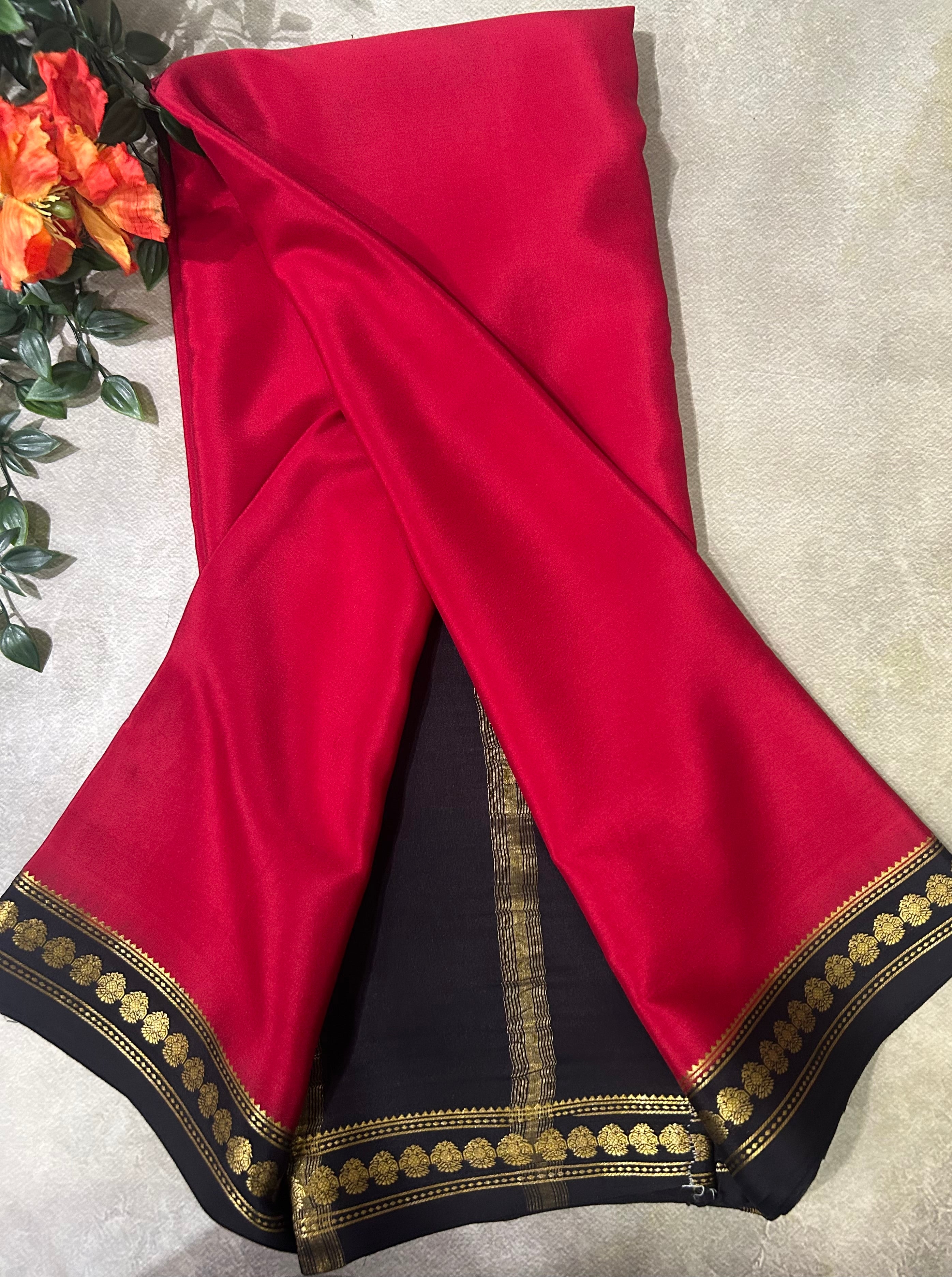 Red small border pure Mysore silk 104 saree