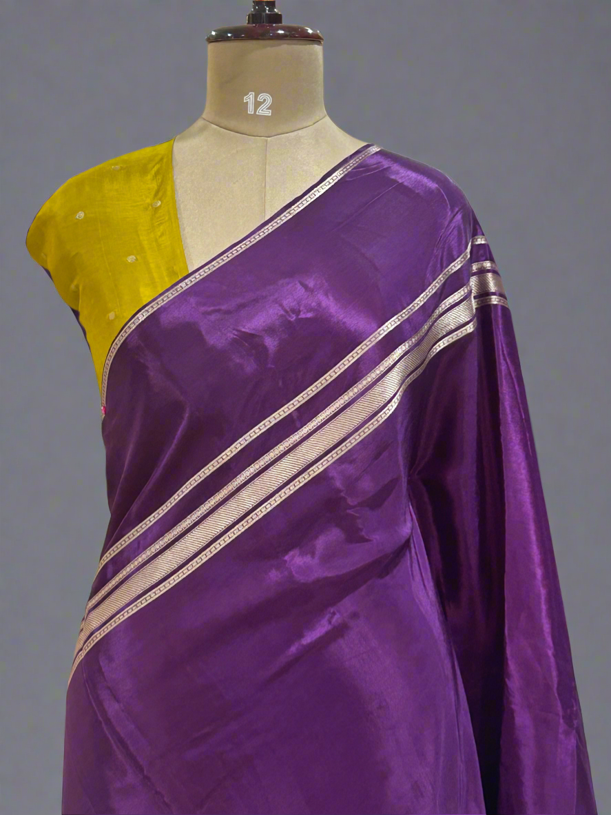 Purple plain four border semi mysore crepe saree