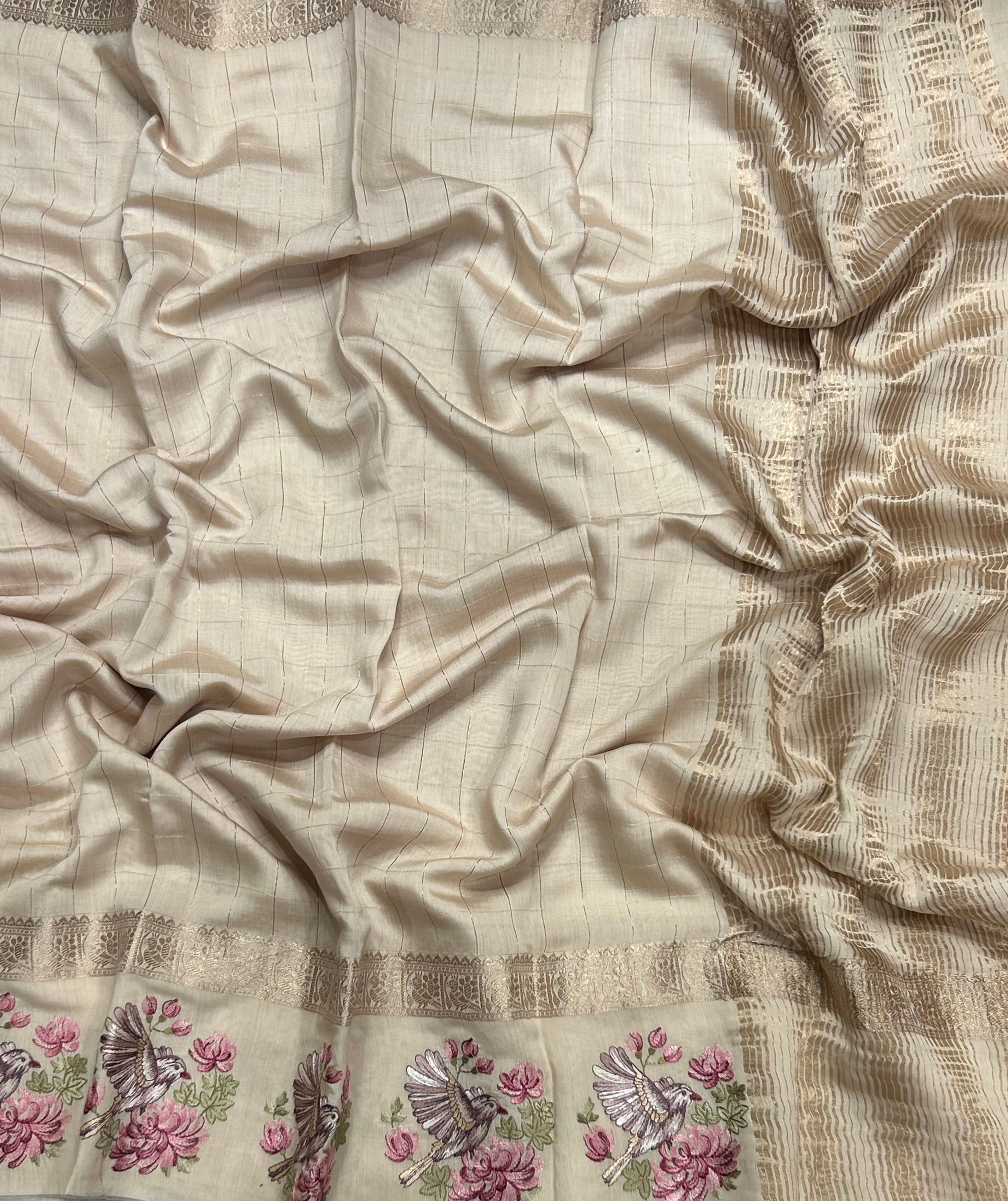 Cream checks embrodiery soft tussar crepe 104 saree