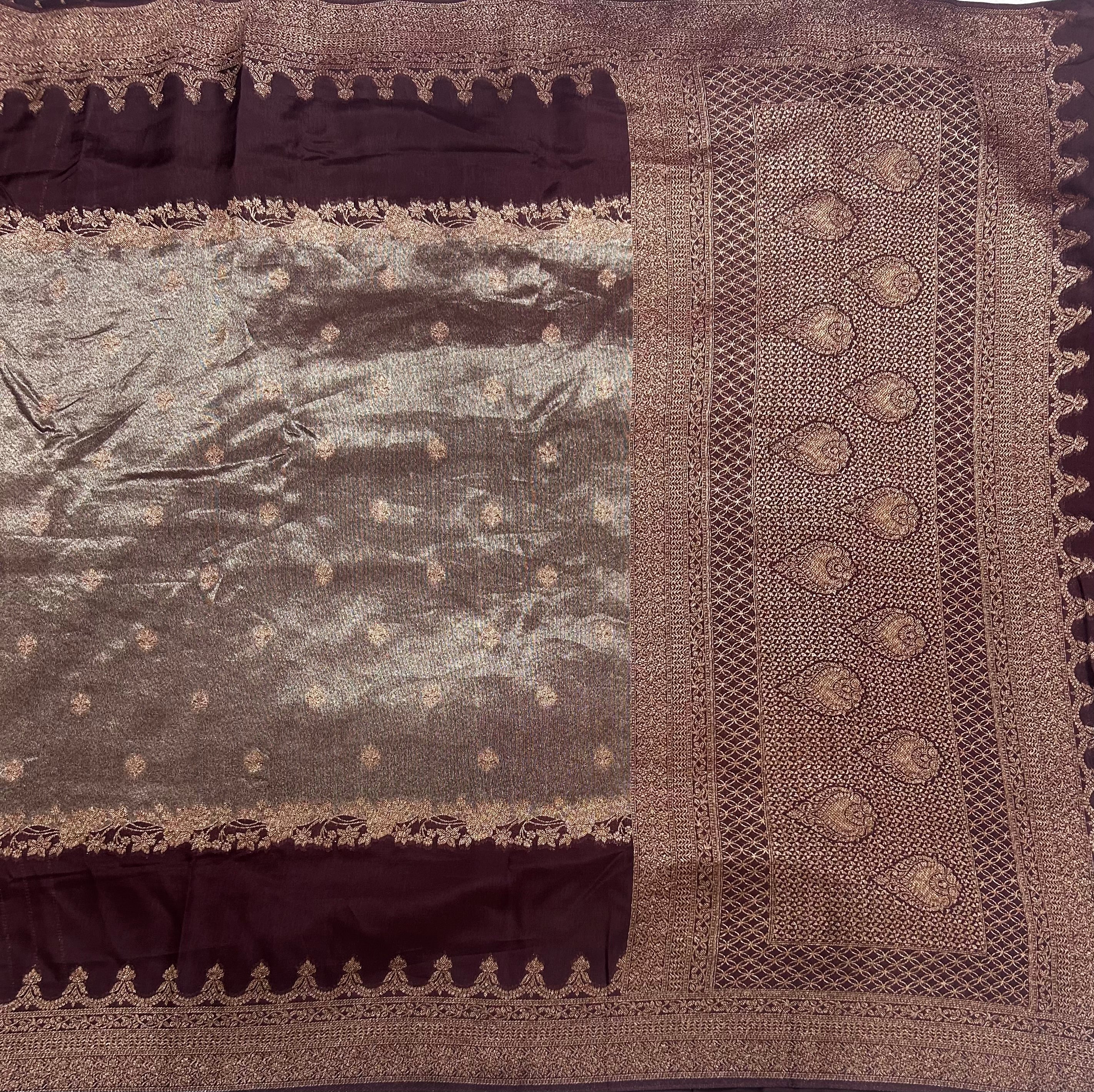 Dark brown brocade tussar georgette  crepe 106 silk saree
