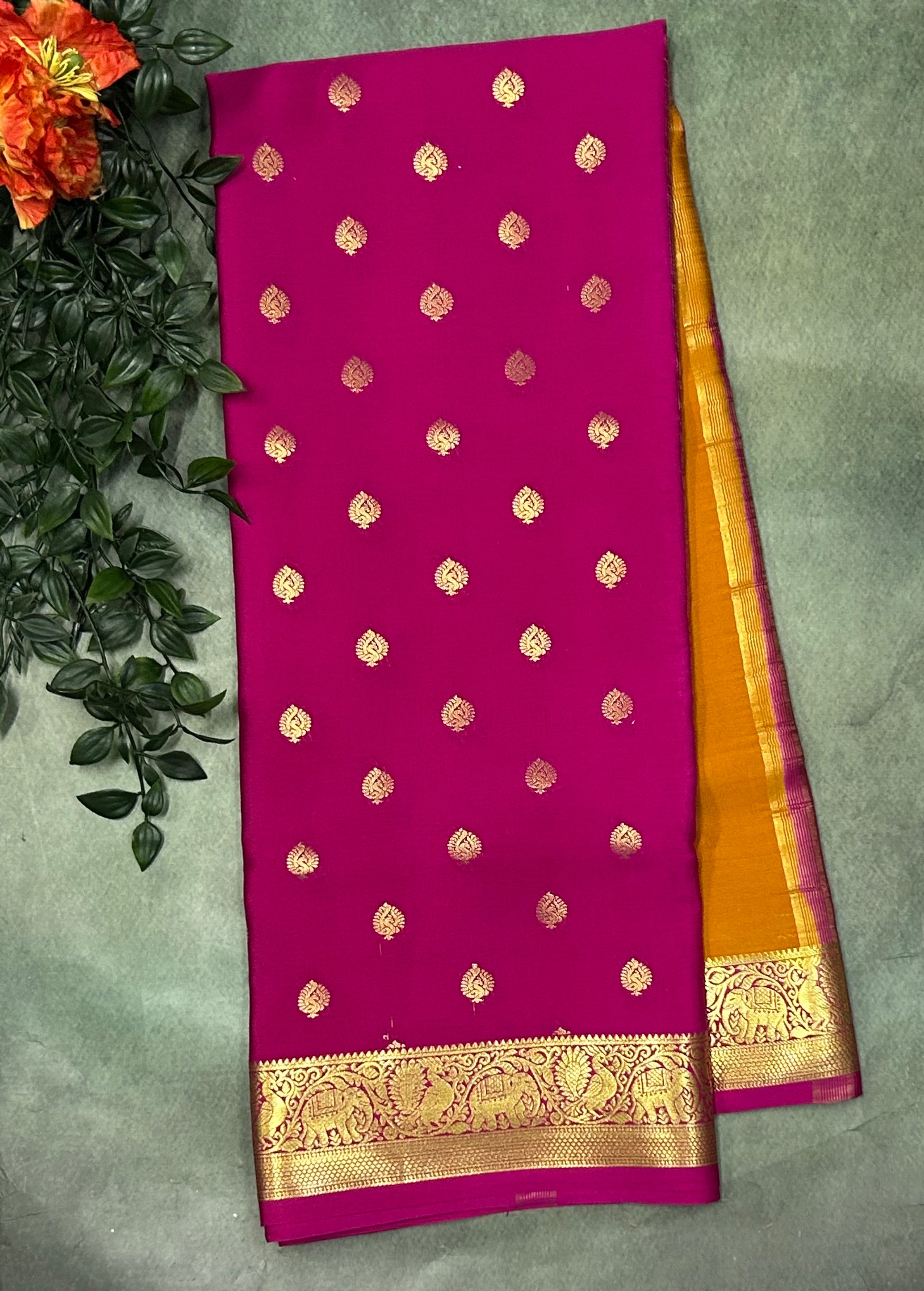 Mustard yellow n pink partly pallu Pure Mysore silk crepe 103 Saree