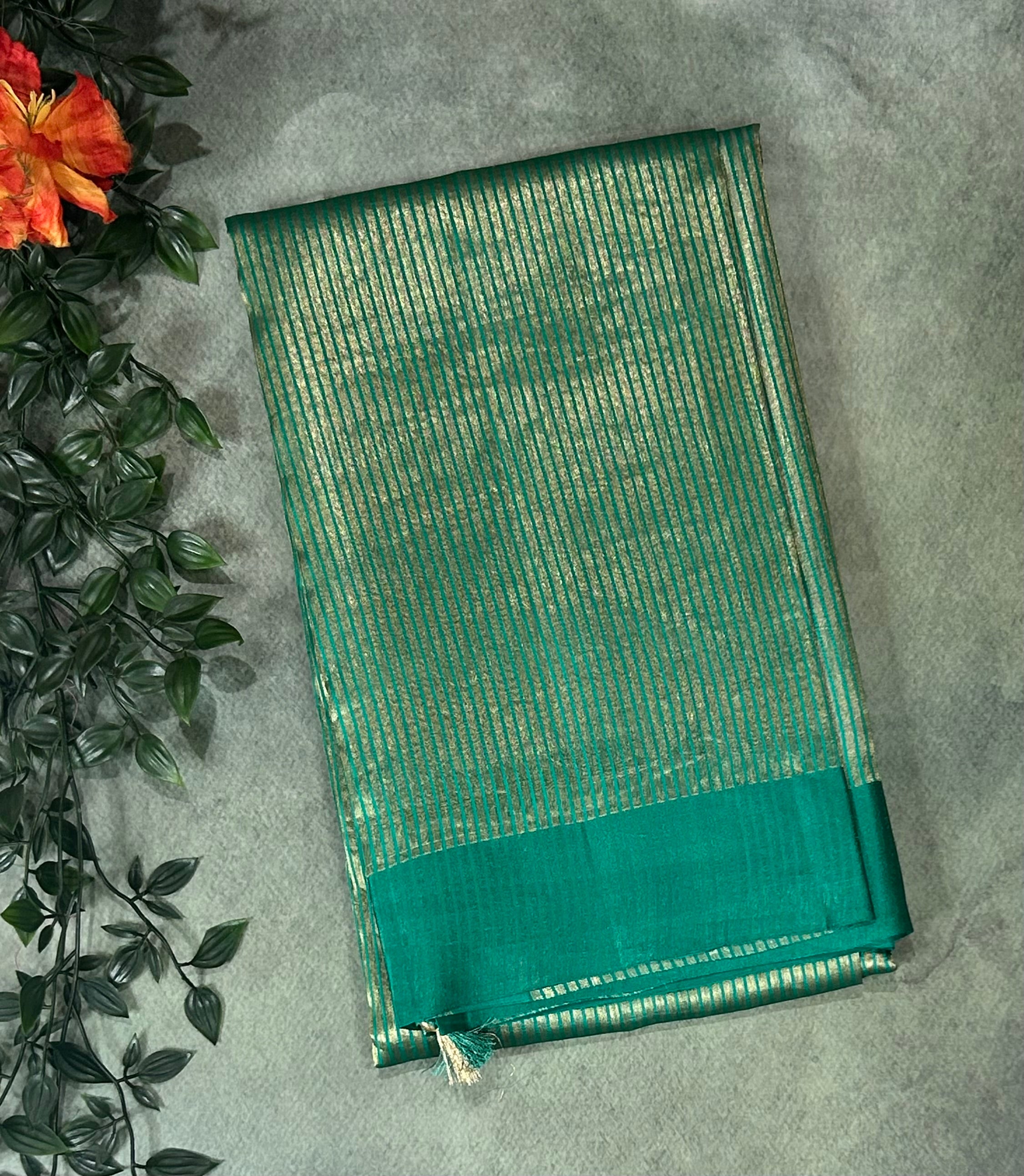 Rama green stripes Lightweight Pure Tissue Satin Border-12 Saree