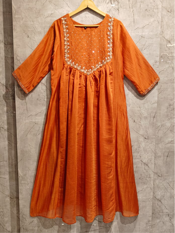 "Sita" Orange Mul Chanderi Silk Anarkali Handwork Kurtha 141 Set