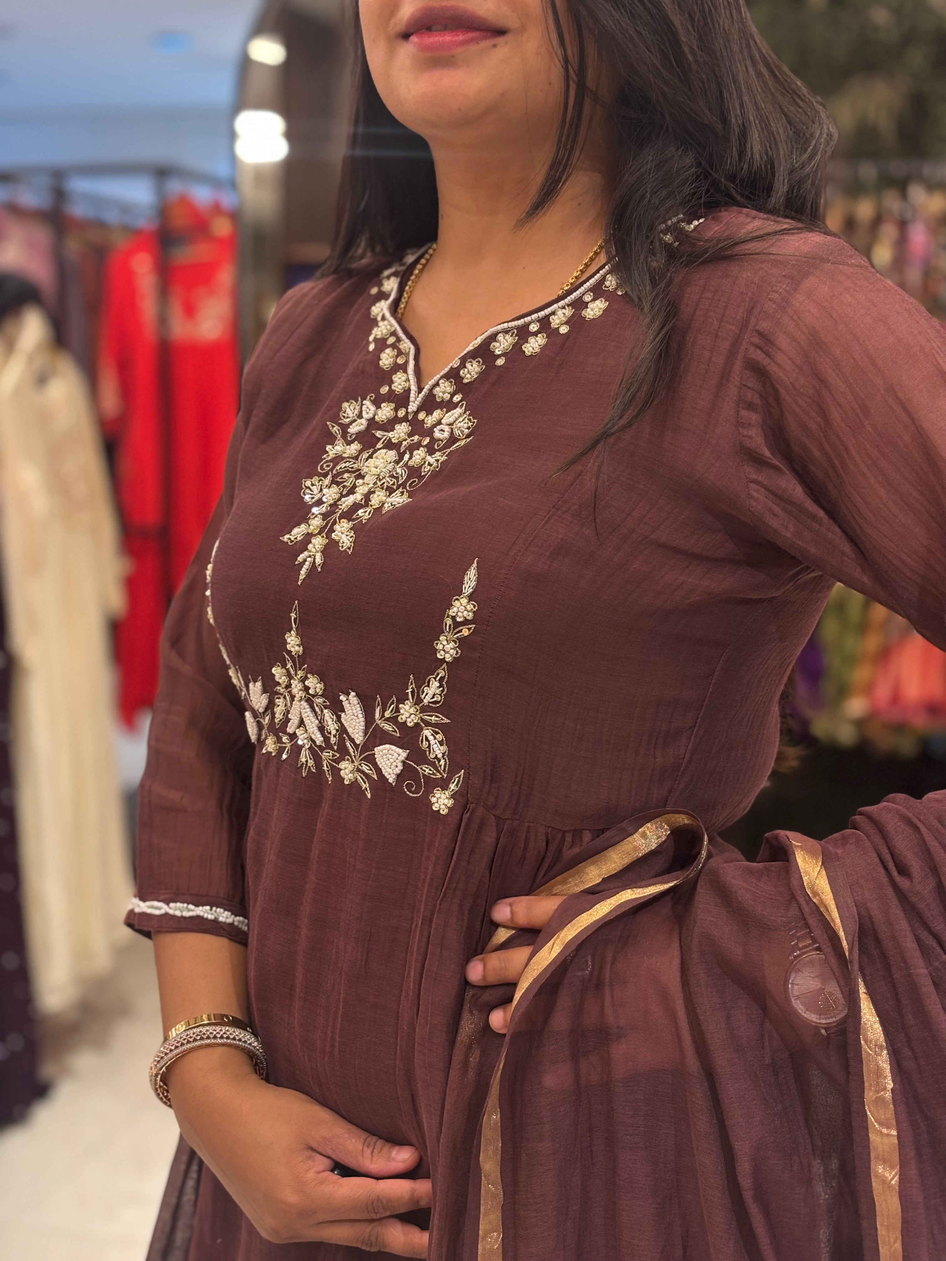 Brown Mul Chanderi silk airline  Kurtha 765 with Handwork Embroidery