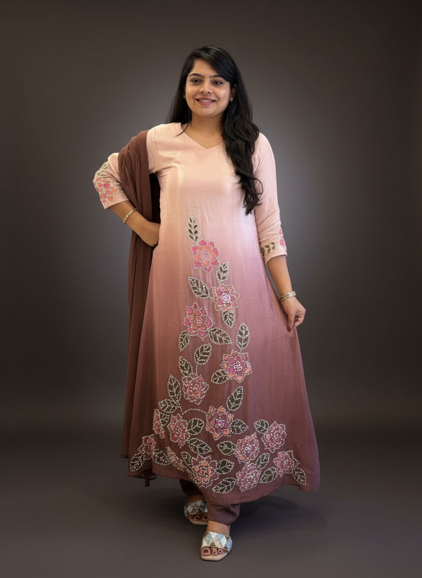 Brown Crepe Handwork Airline Kurtha 443