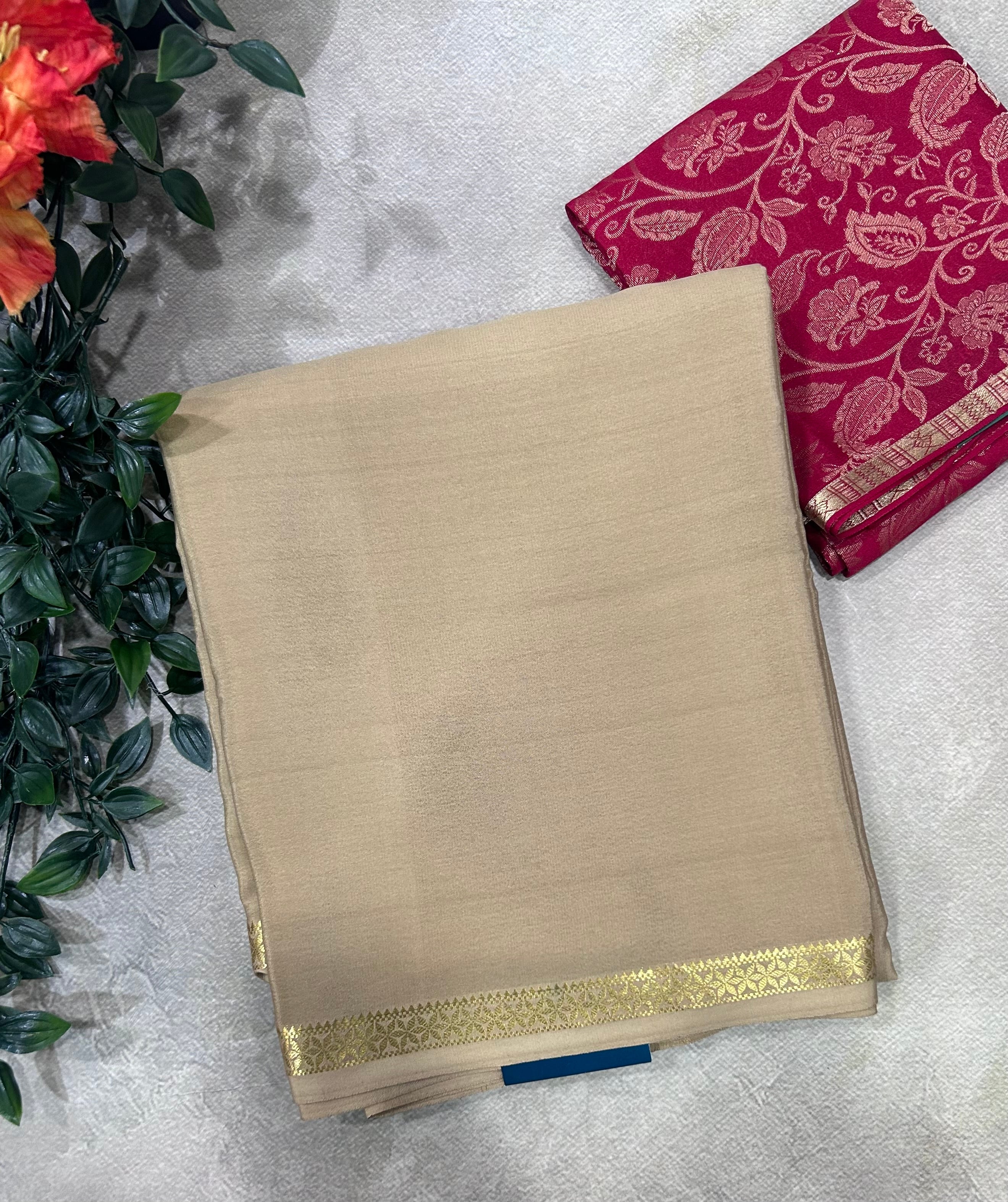 Golden beige plain pure mysore crepe silk saree with Mysore brocade blouse piece(MSM106)