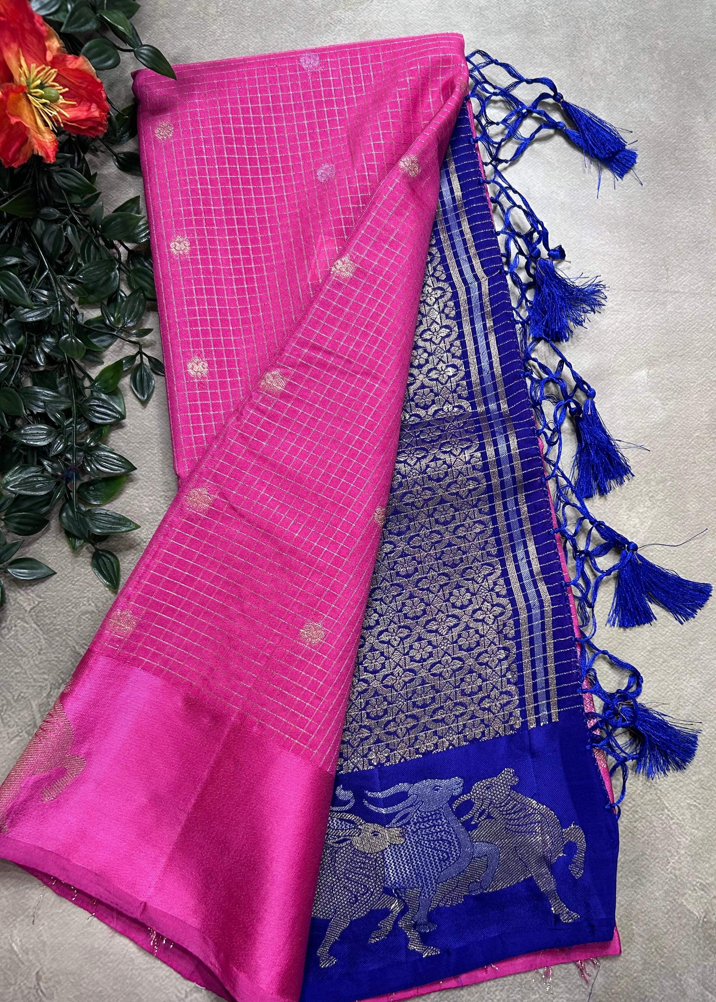 Pink small checks semi Mysore crepe 106 saree