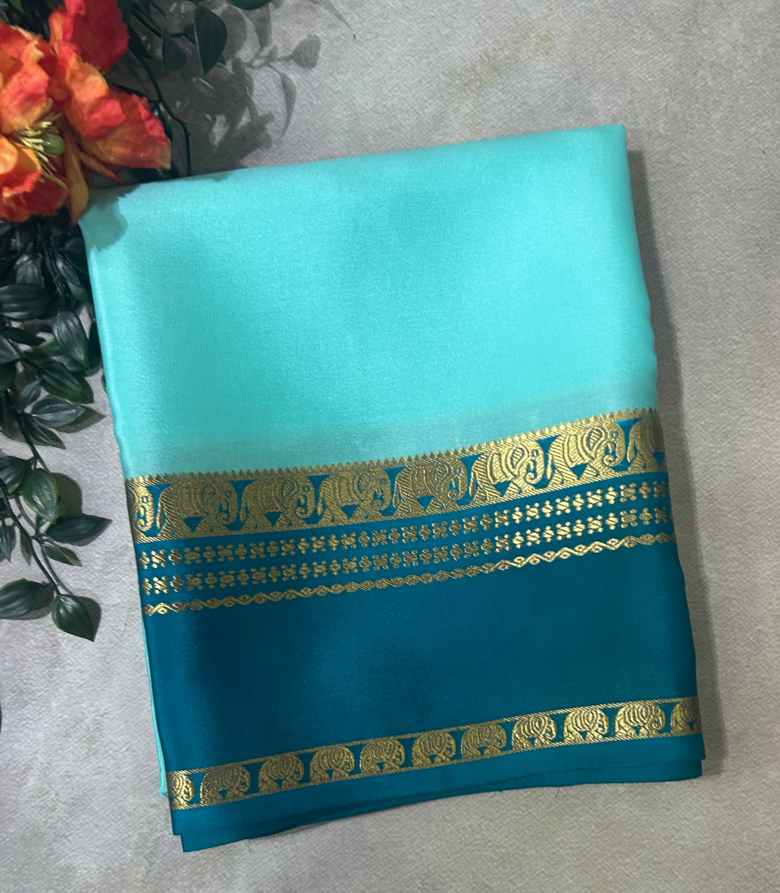 Aqua blue bentex border pure Mysore silk 104 saree