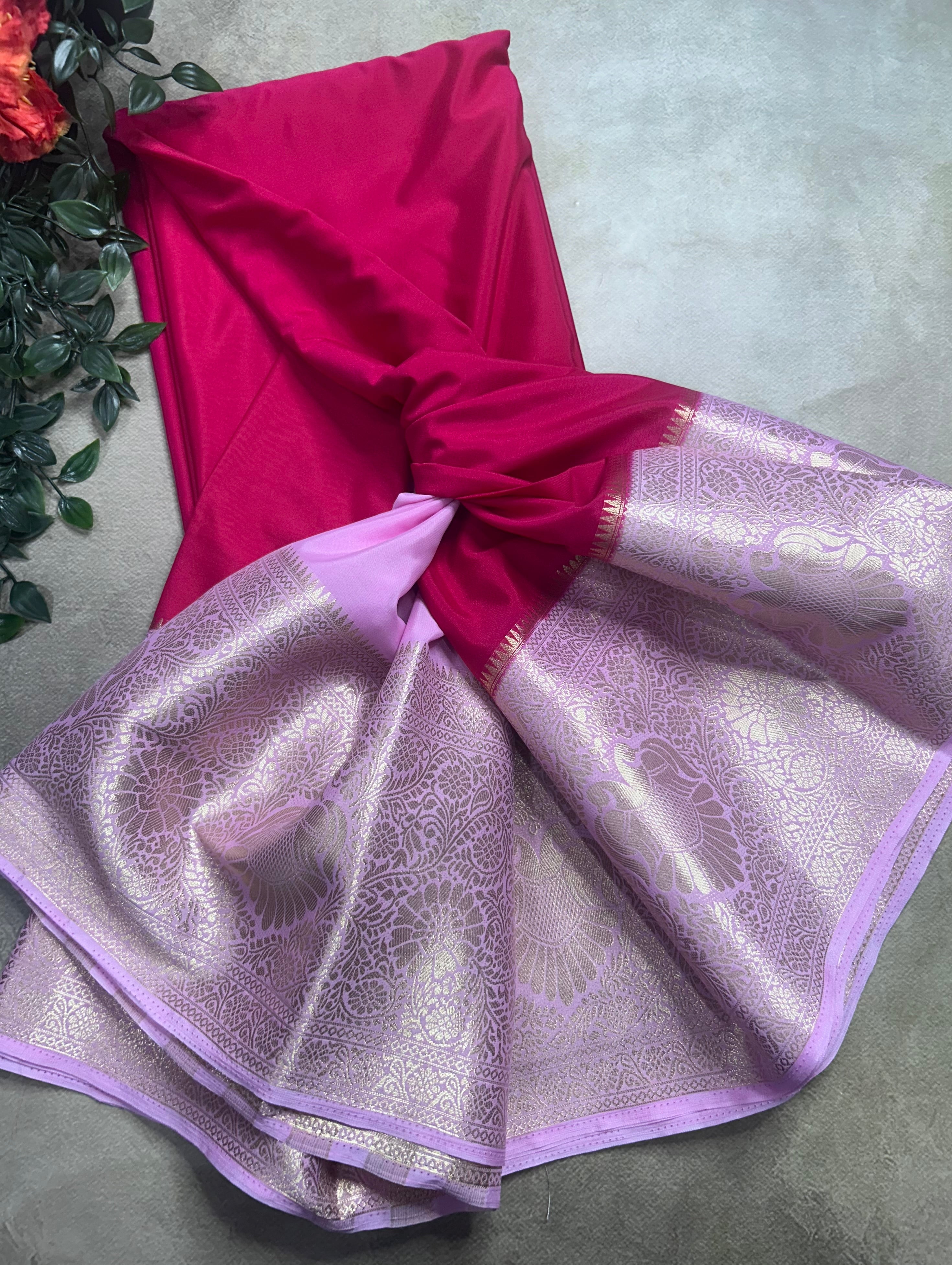 Rani pink contrast long border soft semi Mysore crepe 106 saree