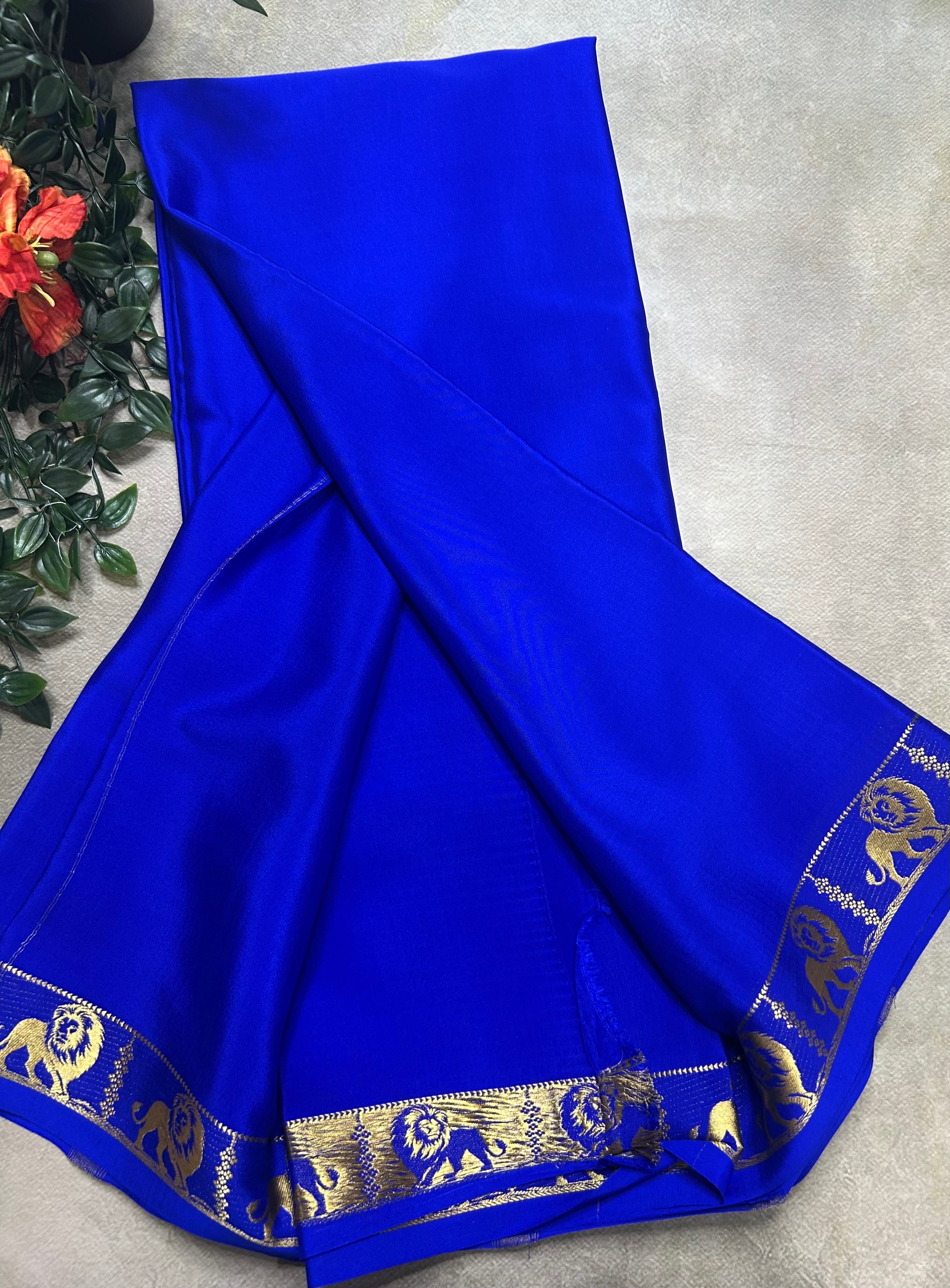 Royal blue lion border pure Mysore silk 105 saree