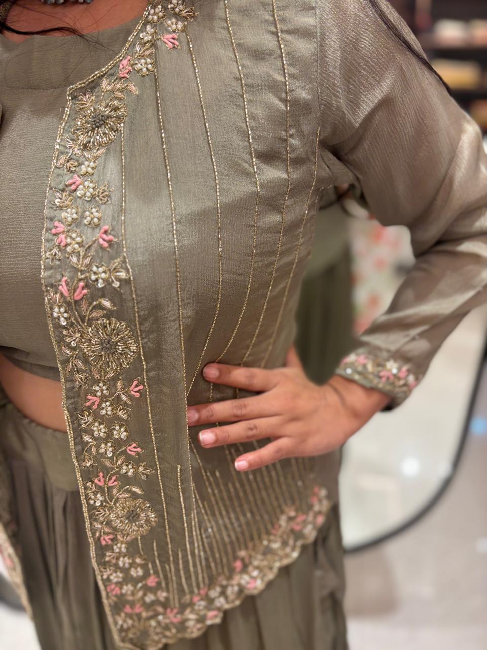 “Pari" Green chinnon handwork partyware skirt Jacket Indowestern Kurtha 43 cape set