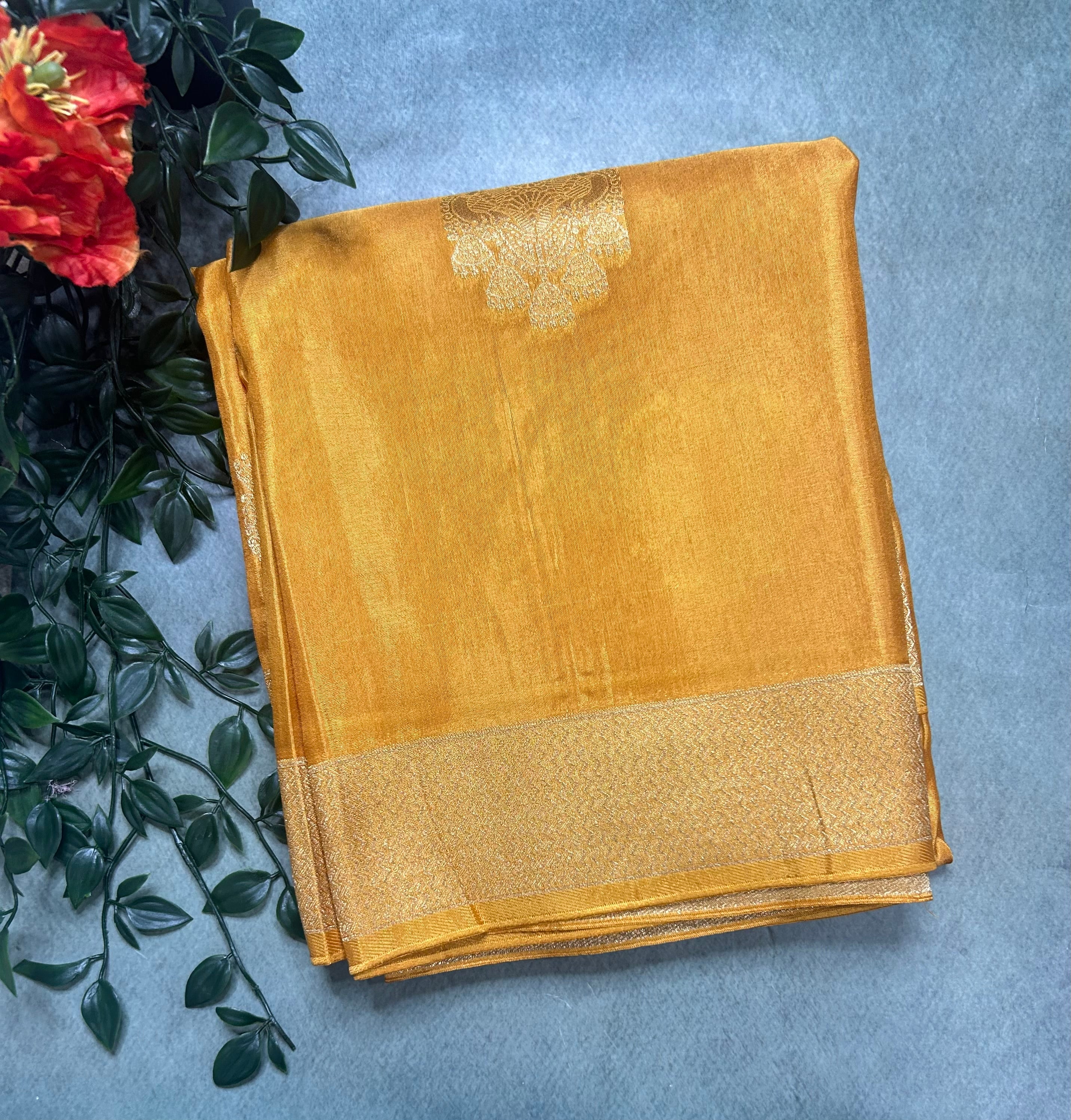 Mustard yellow big Butta contrast semi Mysore crepe 105 saree
