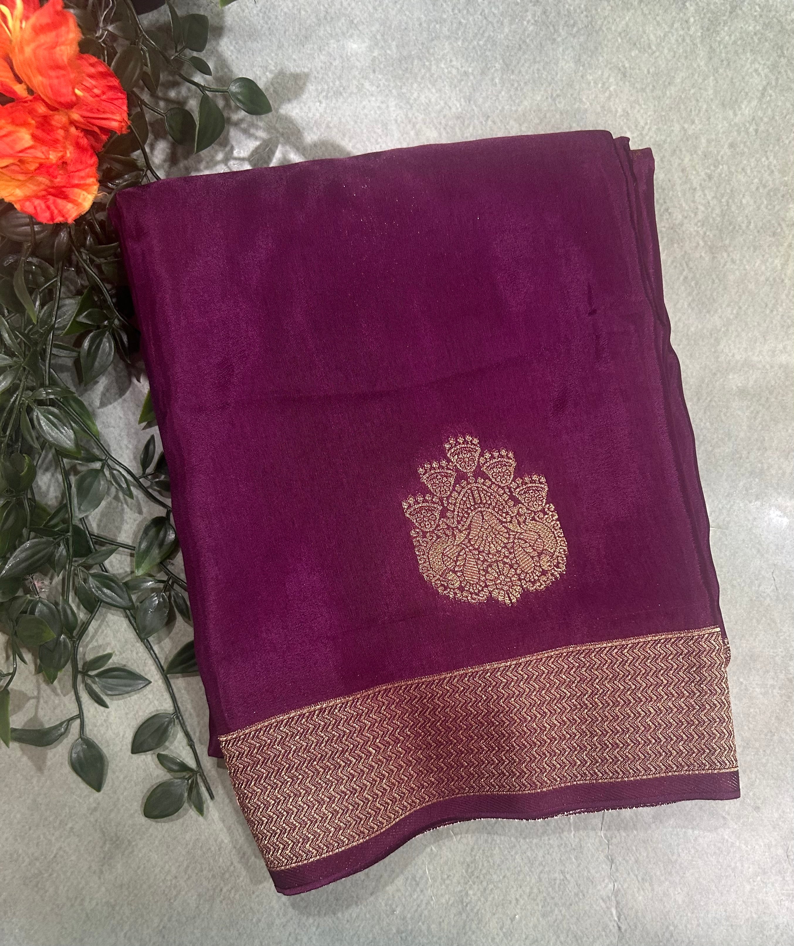 Wine big Butta contrast semi Mysore crepe 105 saree
