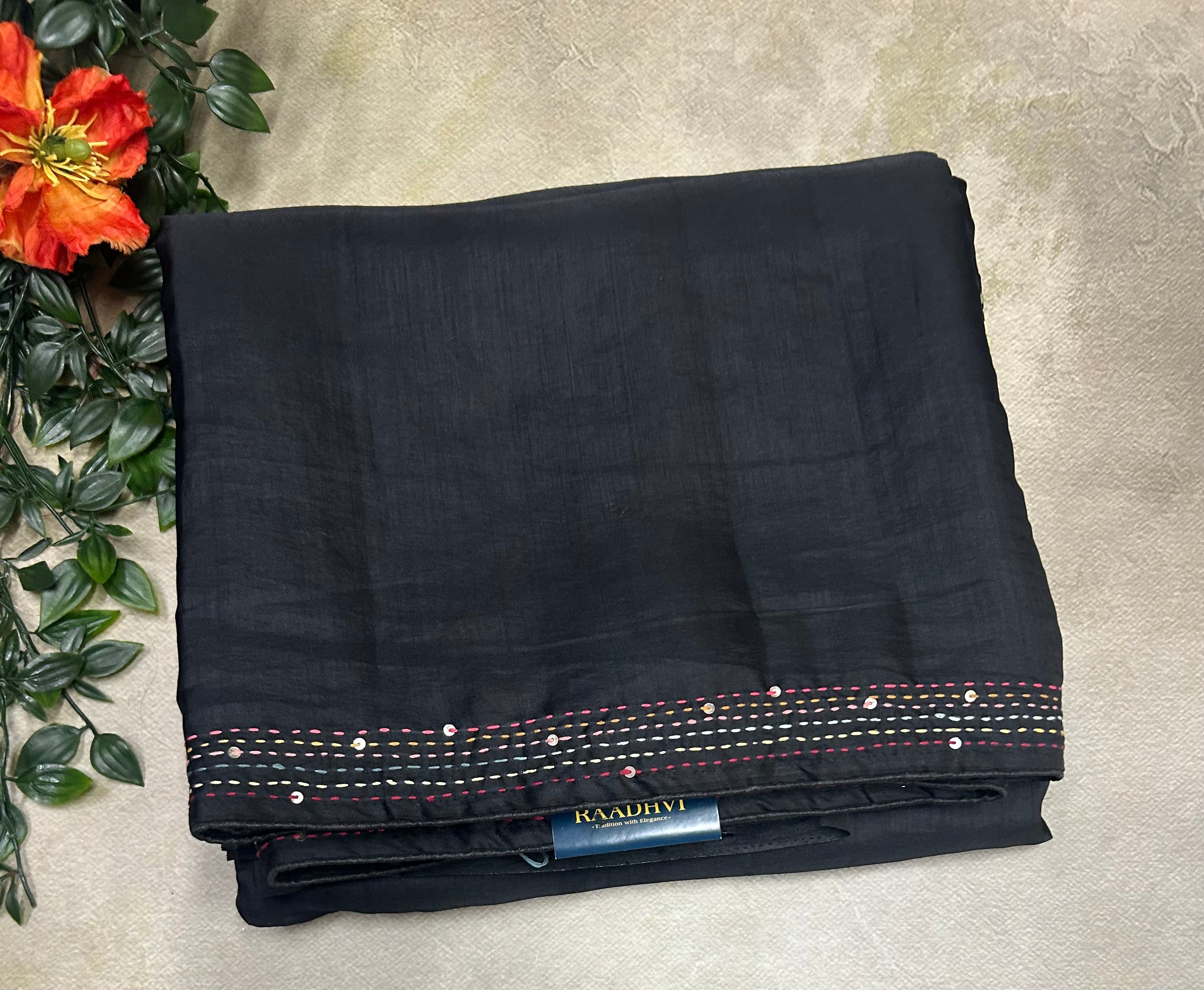 Black embroidery soft Tussar crepe saree