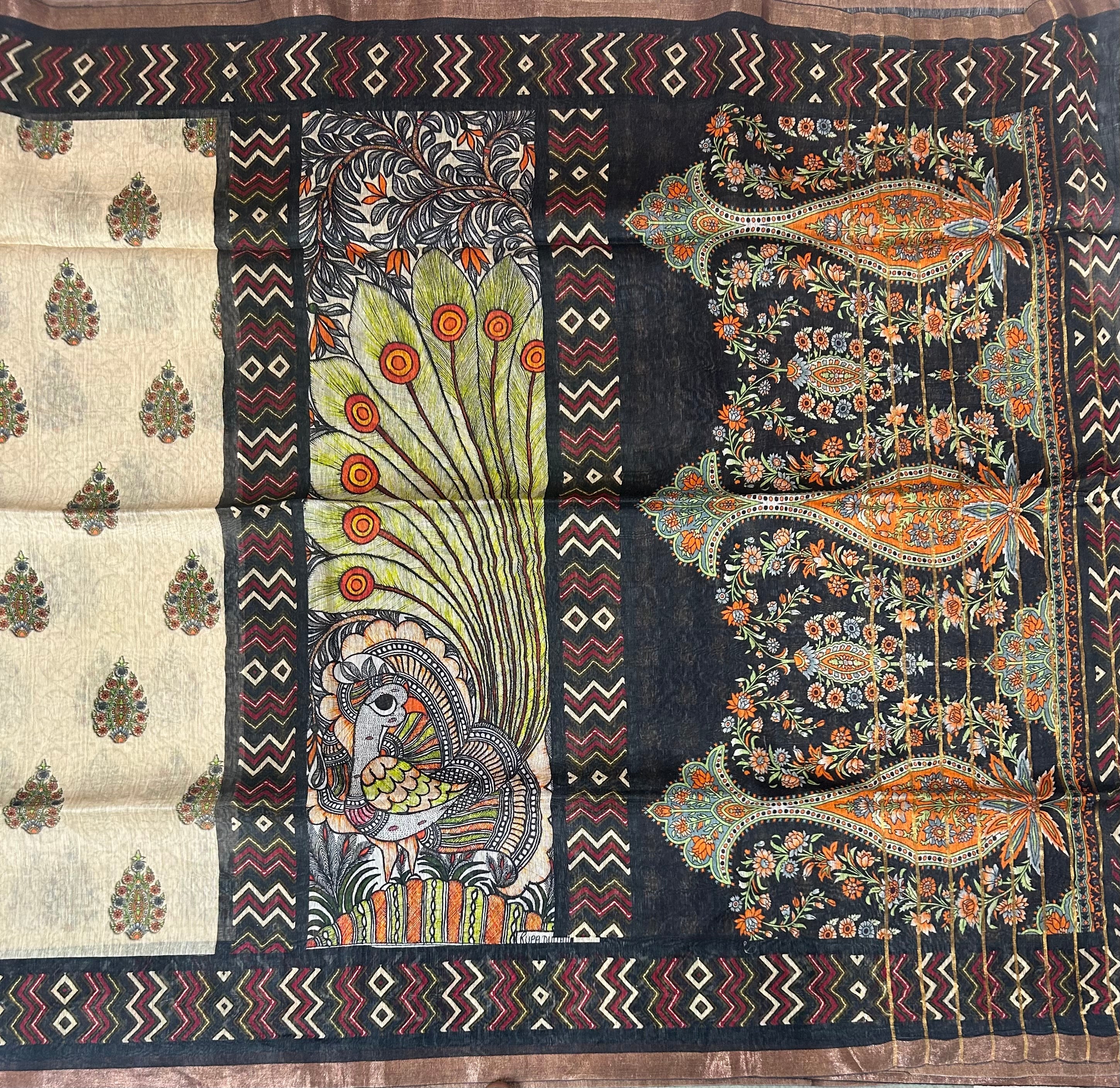 Cream n black pure linen saree