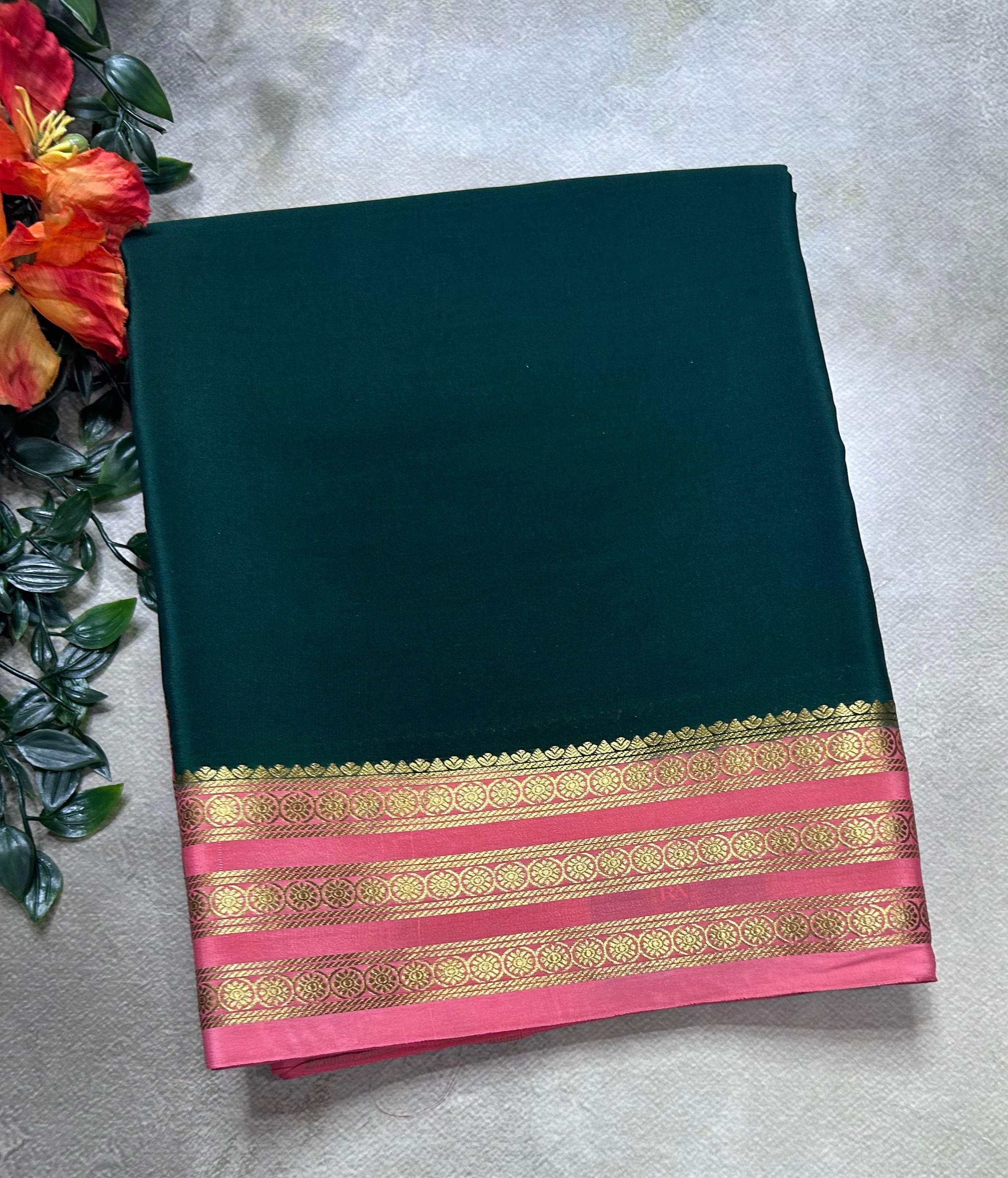Bottle green small border pure mysore silk saree(MSC106)
