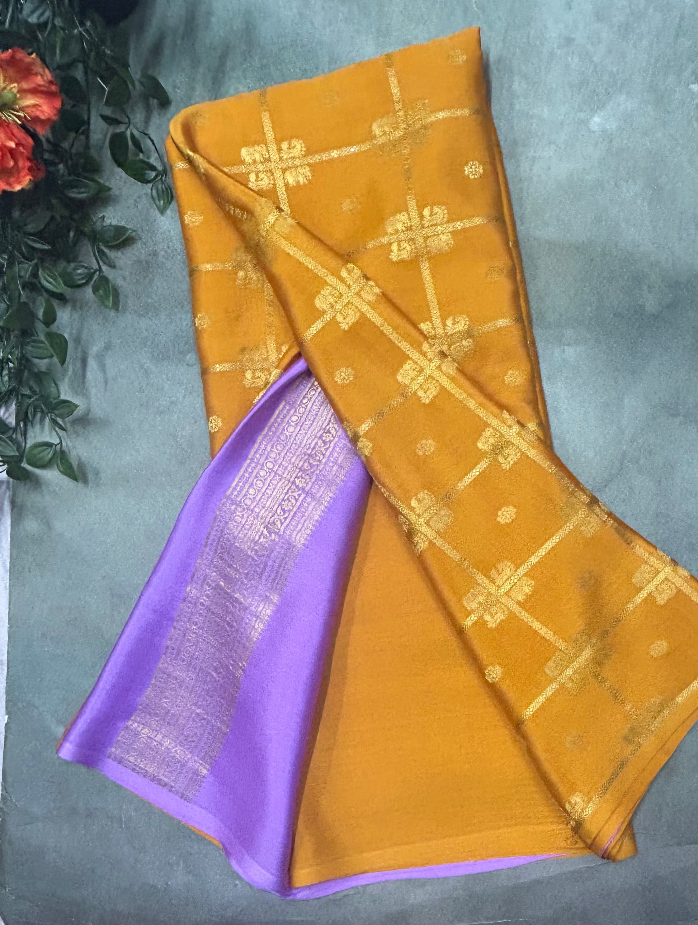 Mustard yellow contrast ST checks borderless pure mysore silk-105 saree
