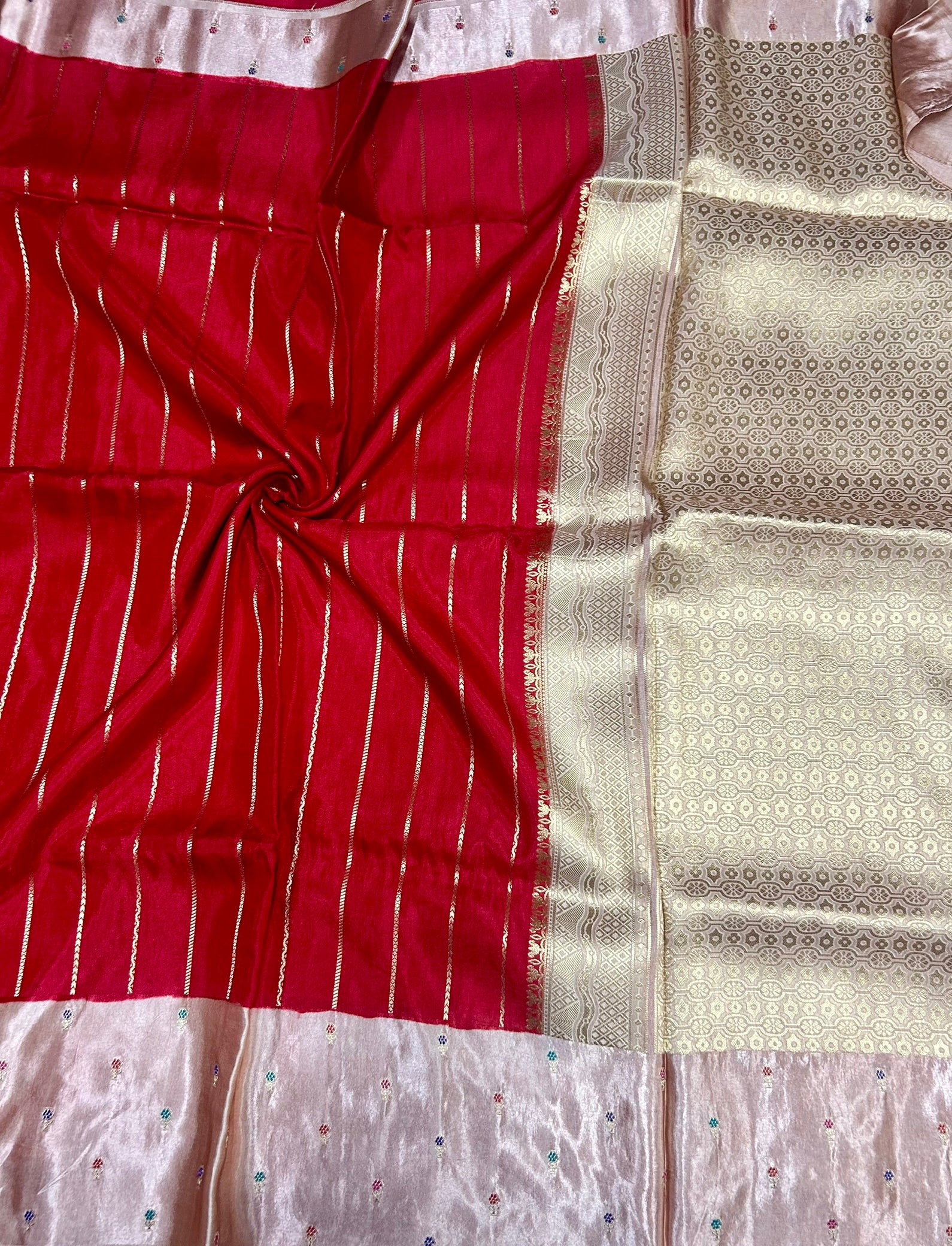 Red contrast satin border semi Mysore crepe 105 saree
