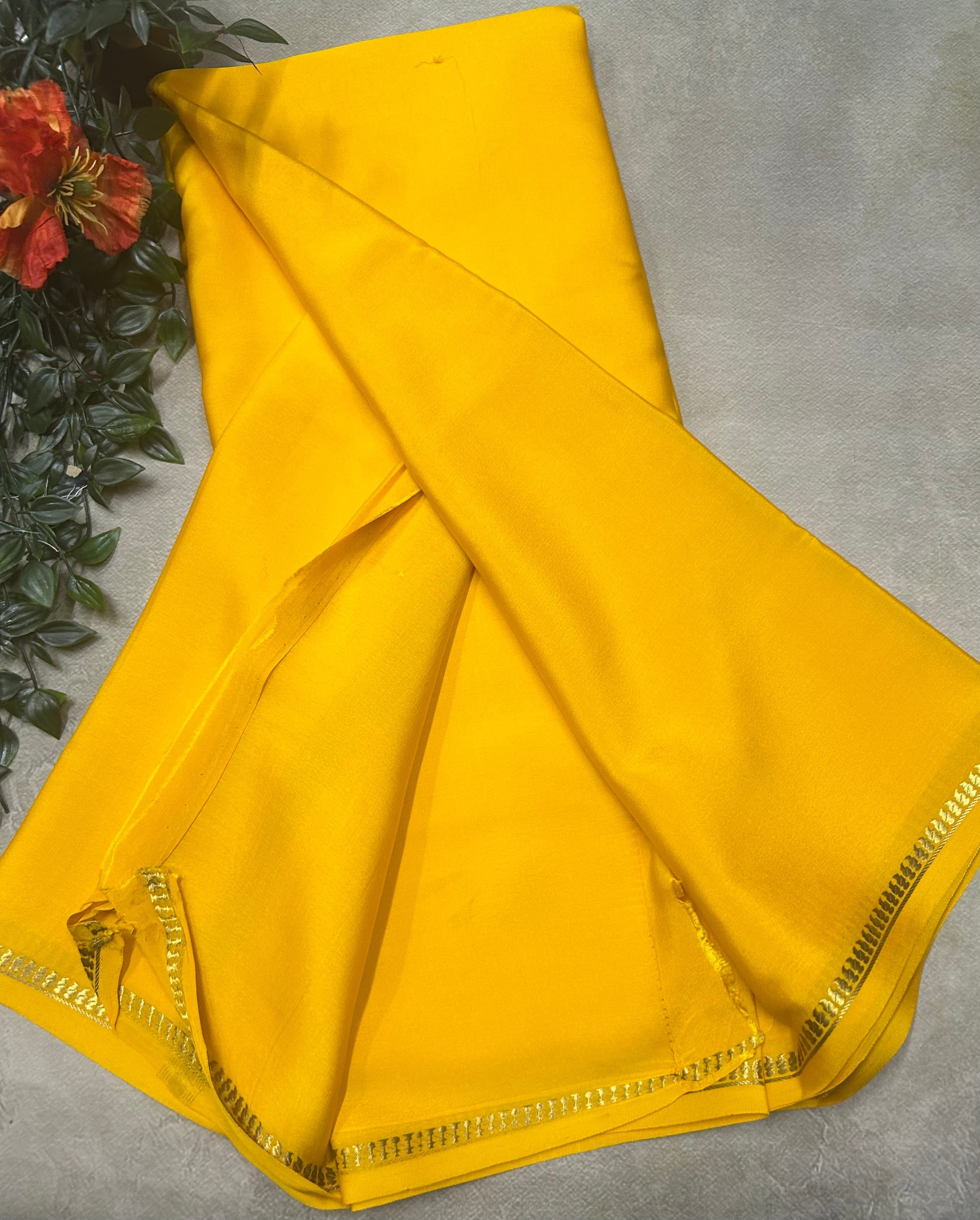 Bright yellow small border pure Mysore silk 105 saree