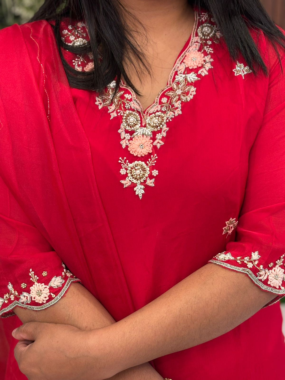 Cerey  Red pure organza palazzo kurtha suit with embriodery