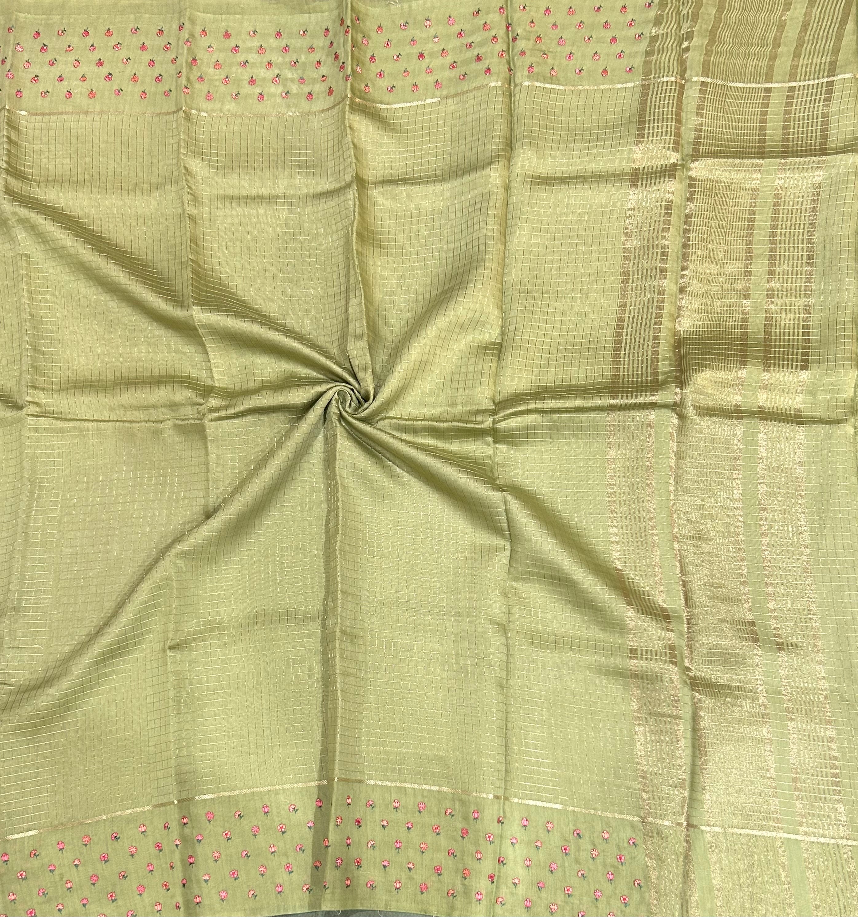 Light green checks embrodiery butta border soft tussar crepe 104 saree