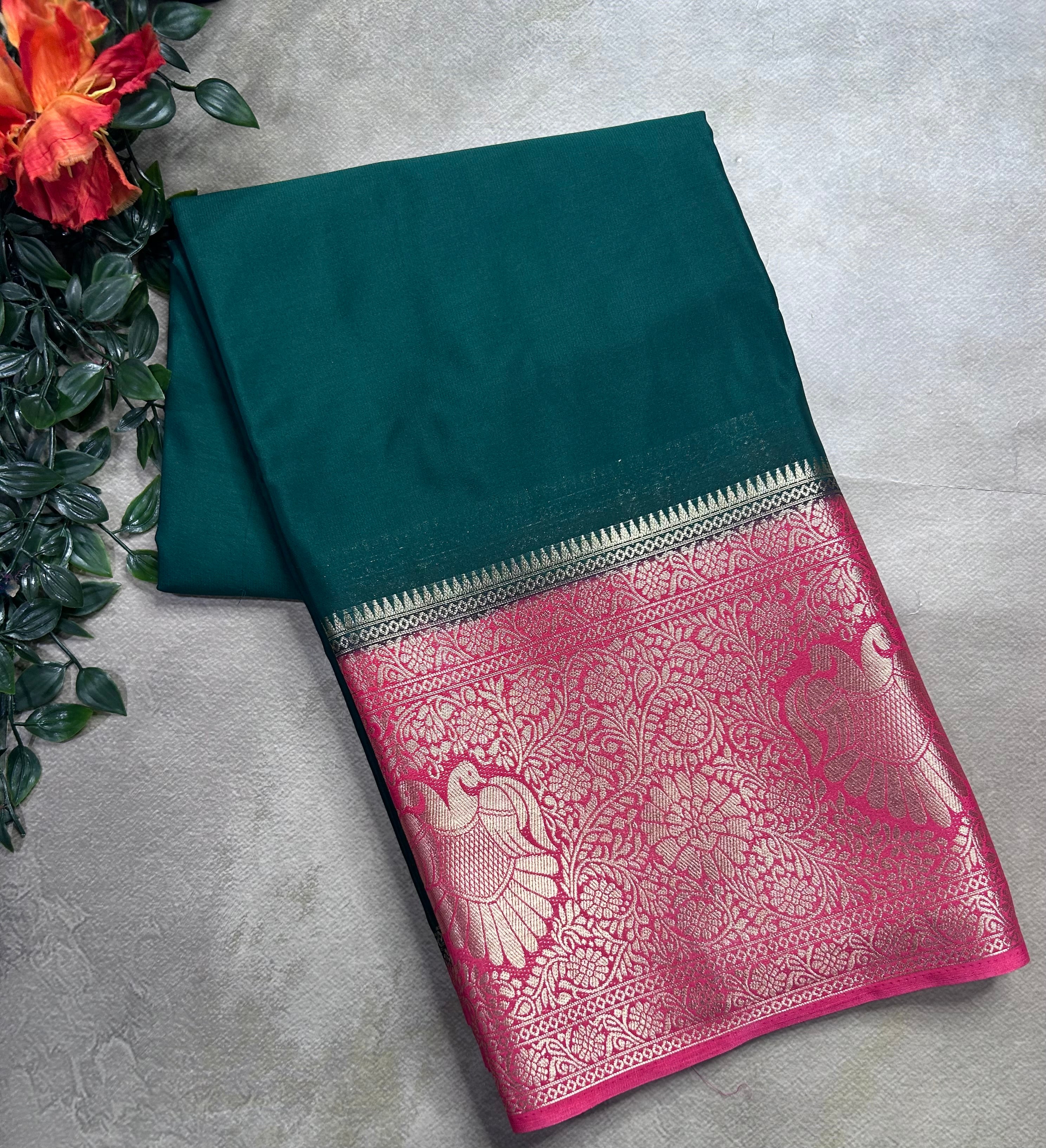 Bottle green contrast long border soft semi Mysore crepe 106 saree