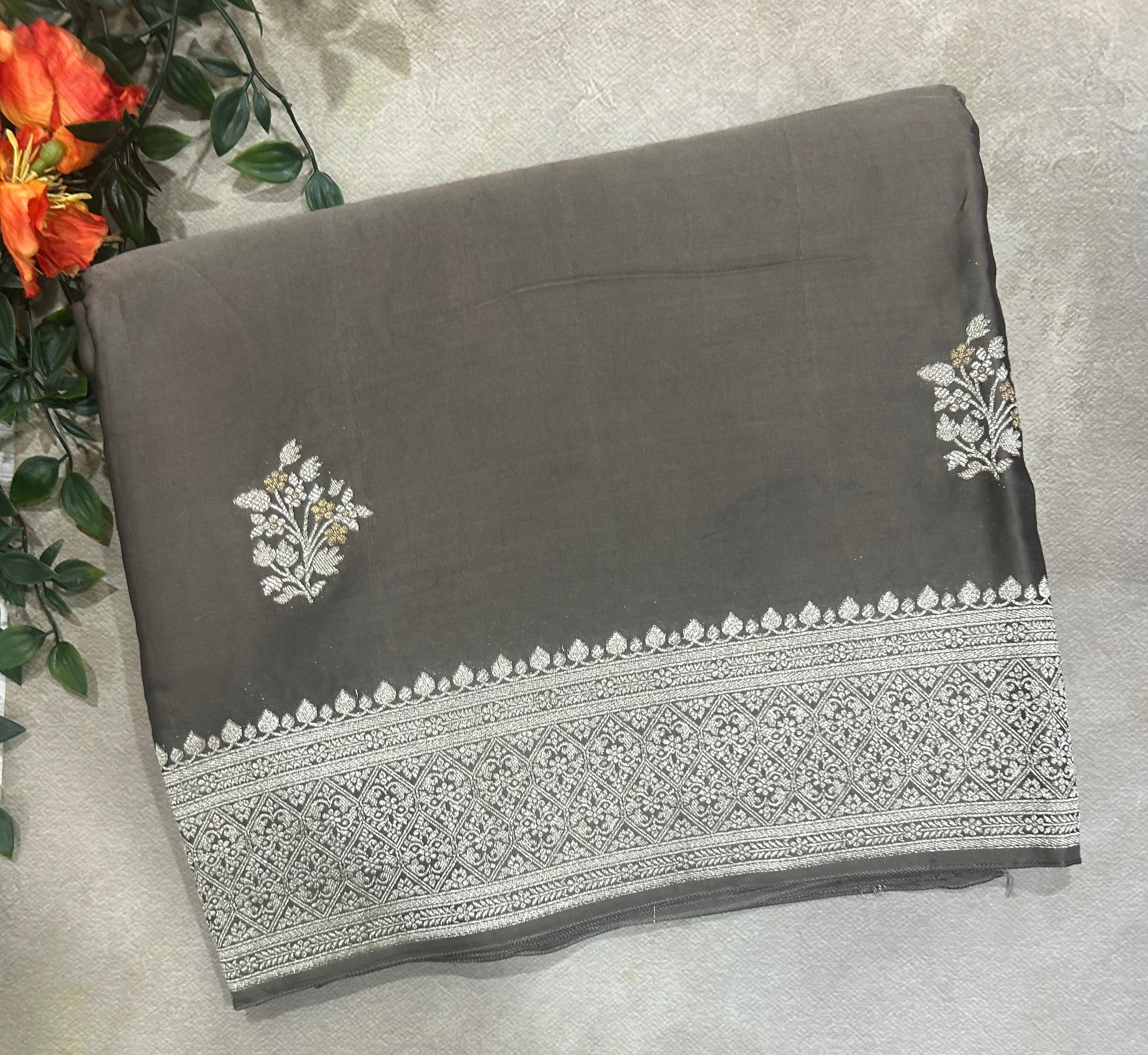 Grey mushru satin Benarasi 103 saree