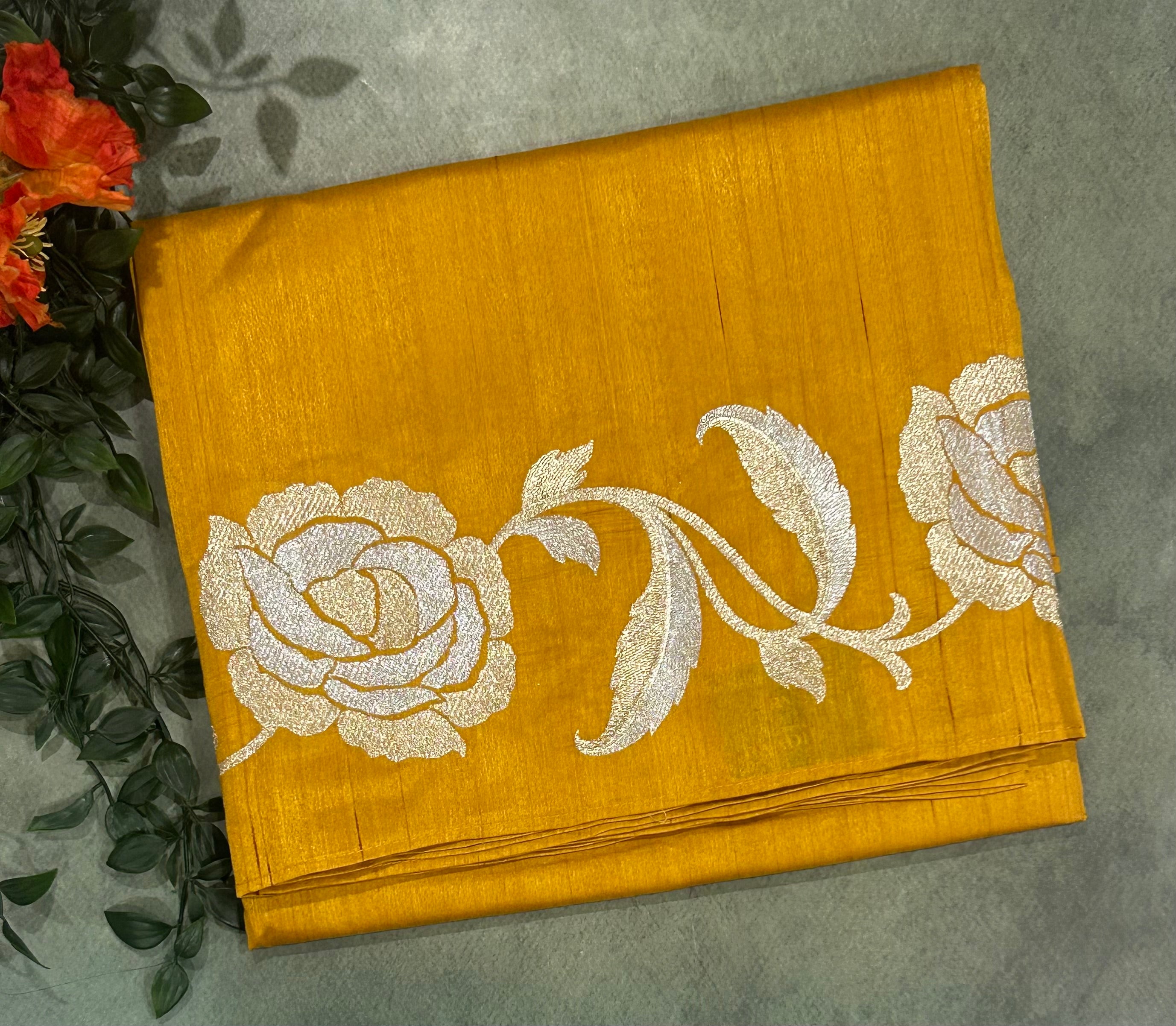 Mustard yellow plain embroidery work border semi Tussar saree