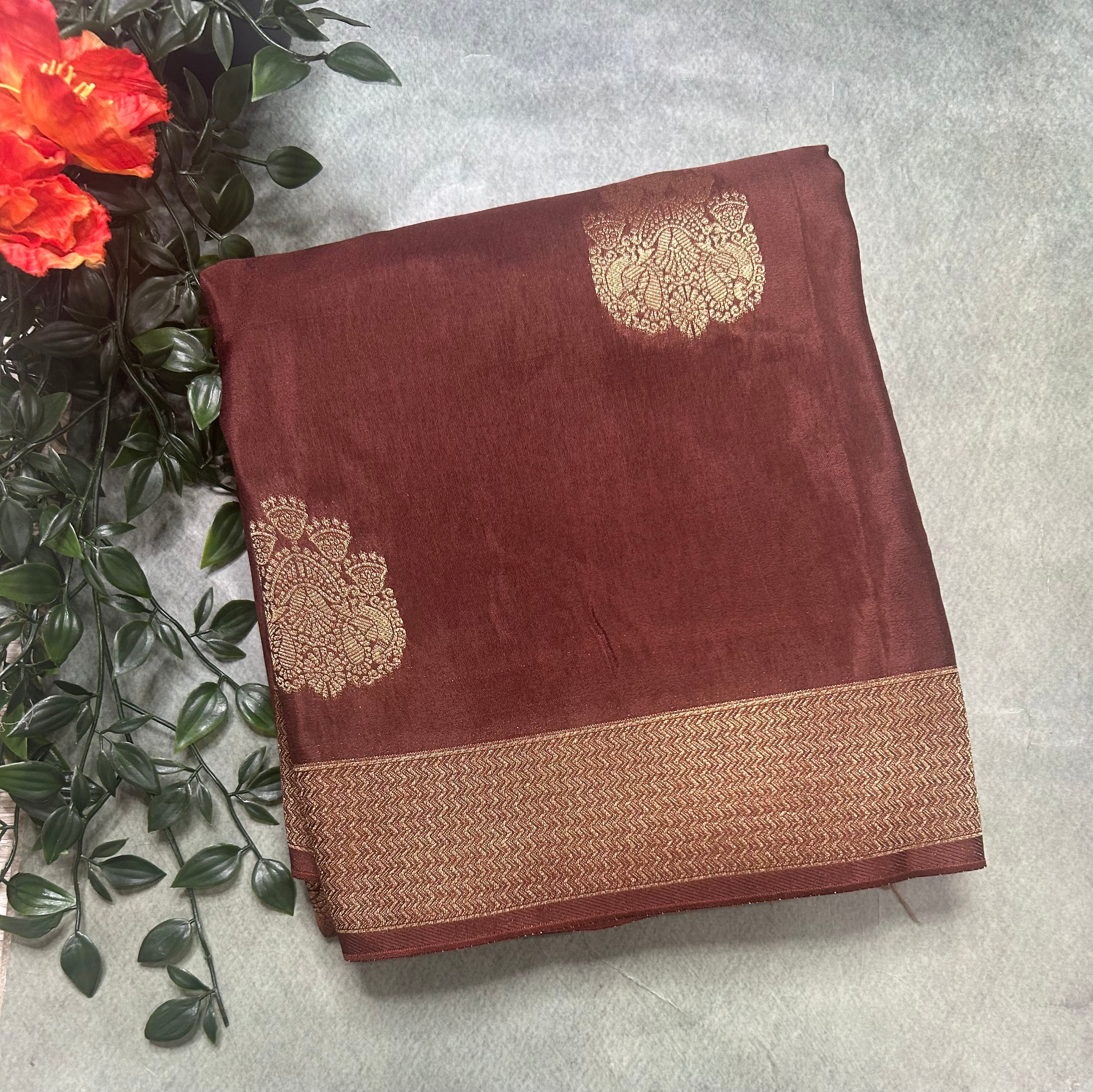 Brown big Butta contrast semi Mysore crepe 105 saree