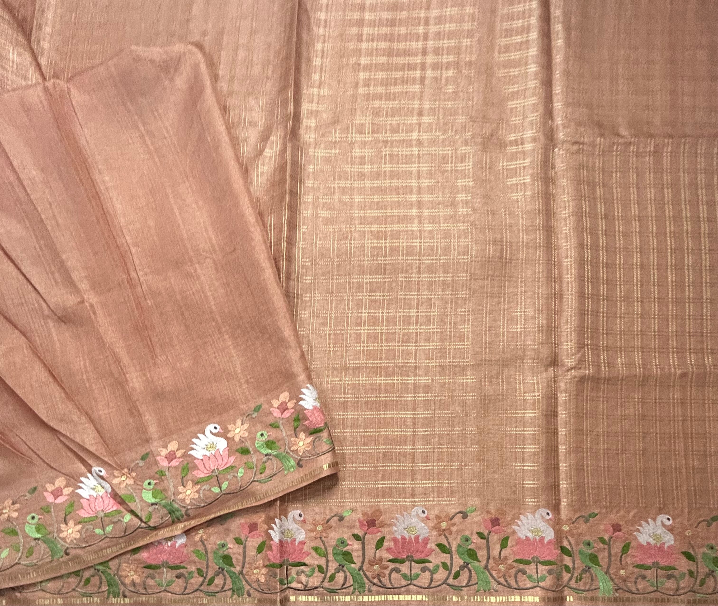 Peach checks embroidery border semi Tussar 105 saree