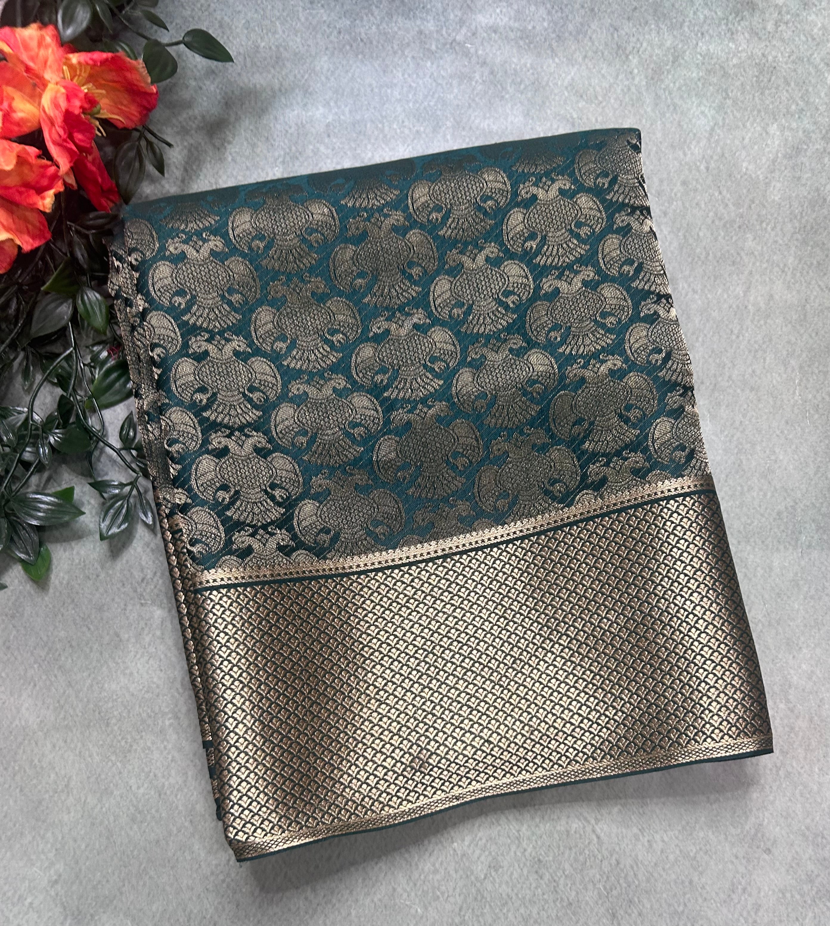 Bottle green gandaberunda brocade Pure Mysore Silk 106 Saree