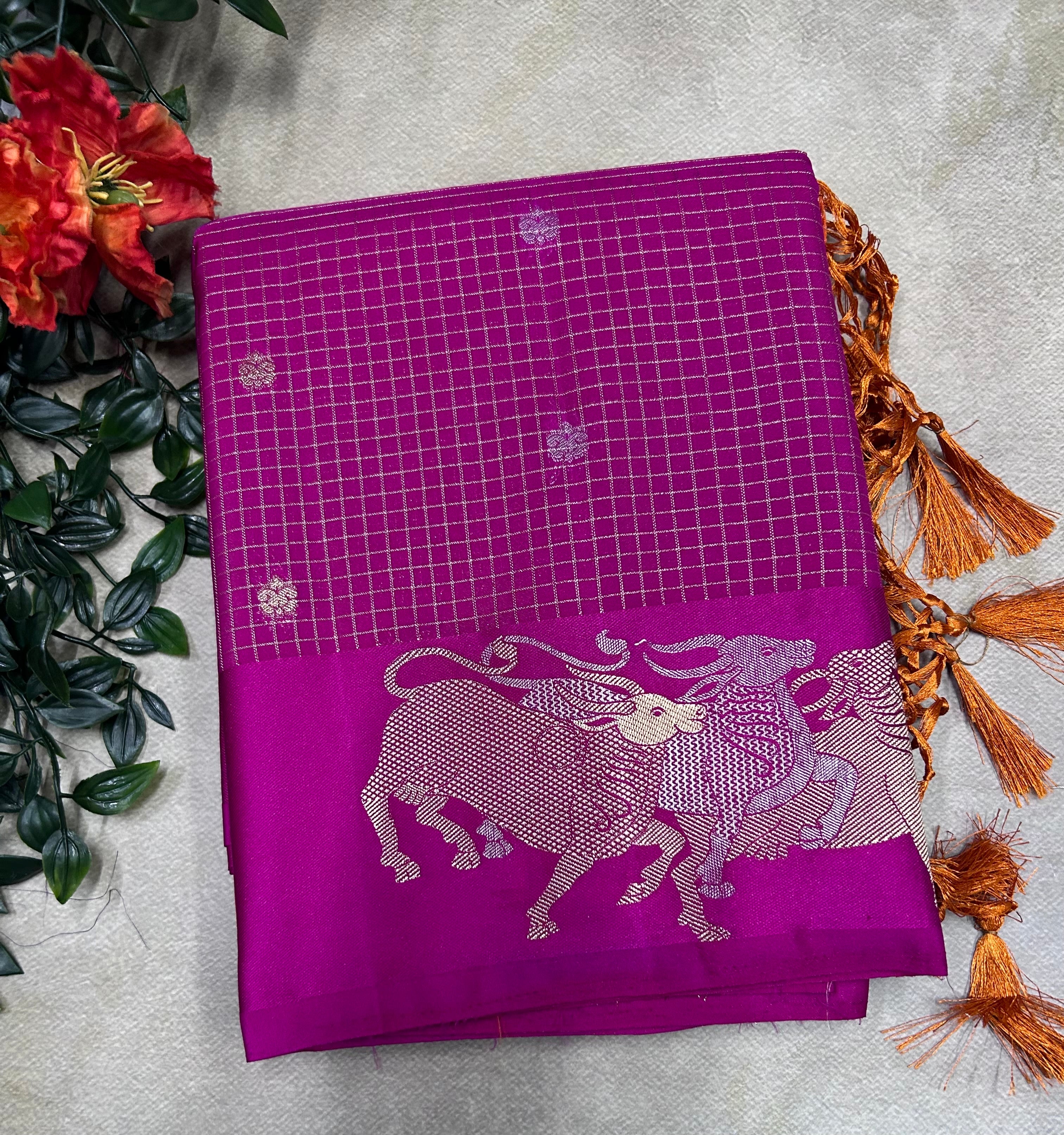 Pink small checks semi Mysore crepe saree(SMC106)