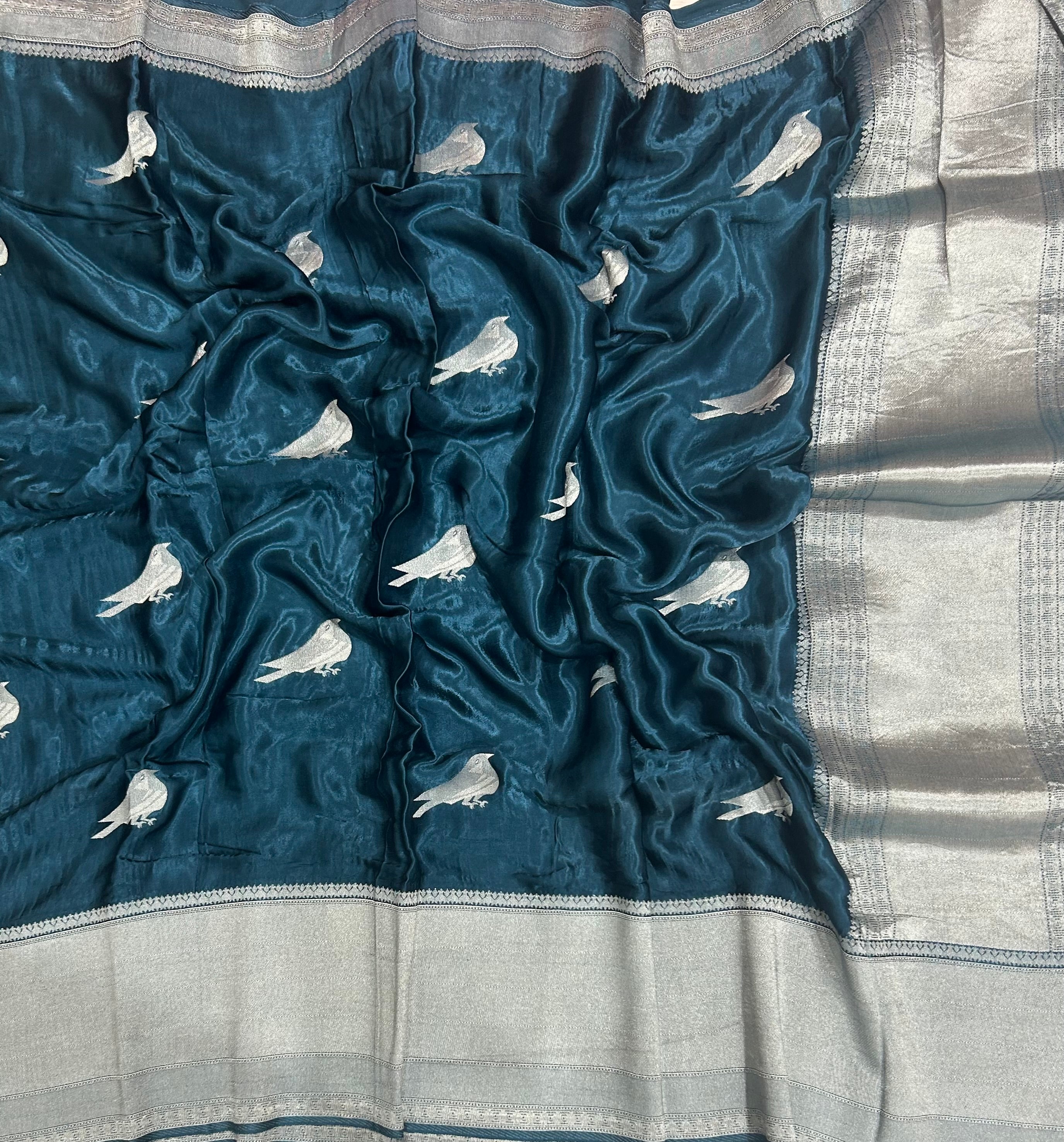 Peacock blue sparrow butta benarasi satin silk saree