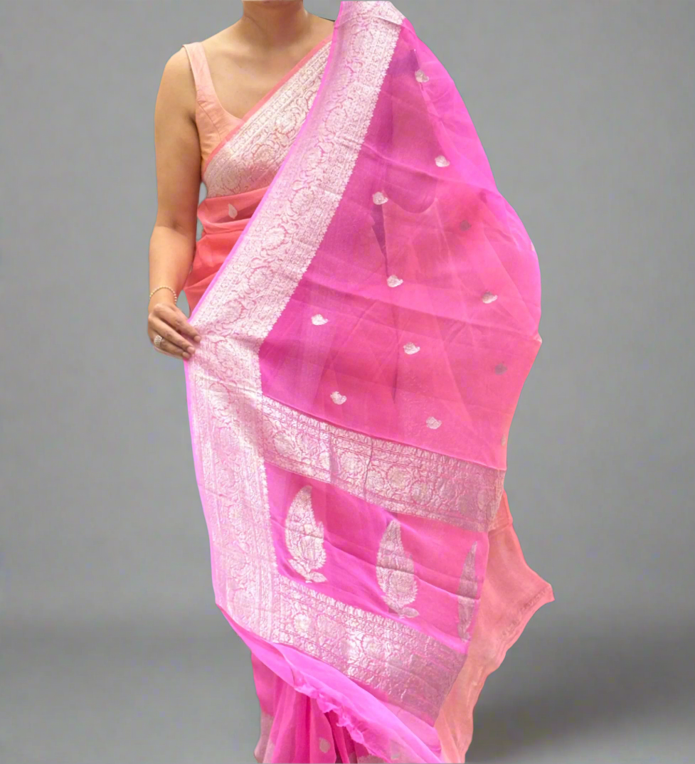 Pink n peach half n half benarasi pure chiffon saree