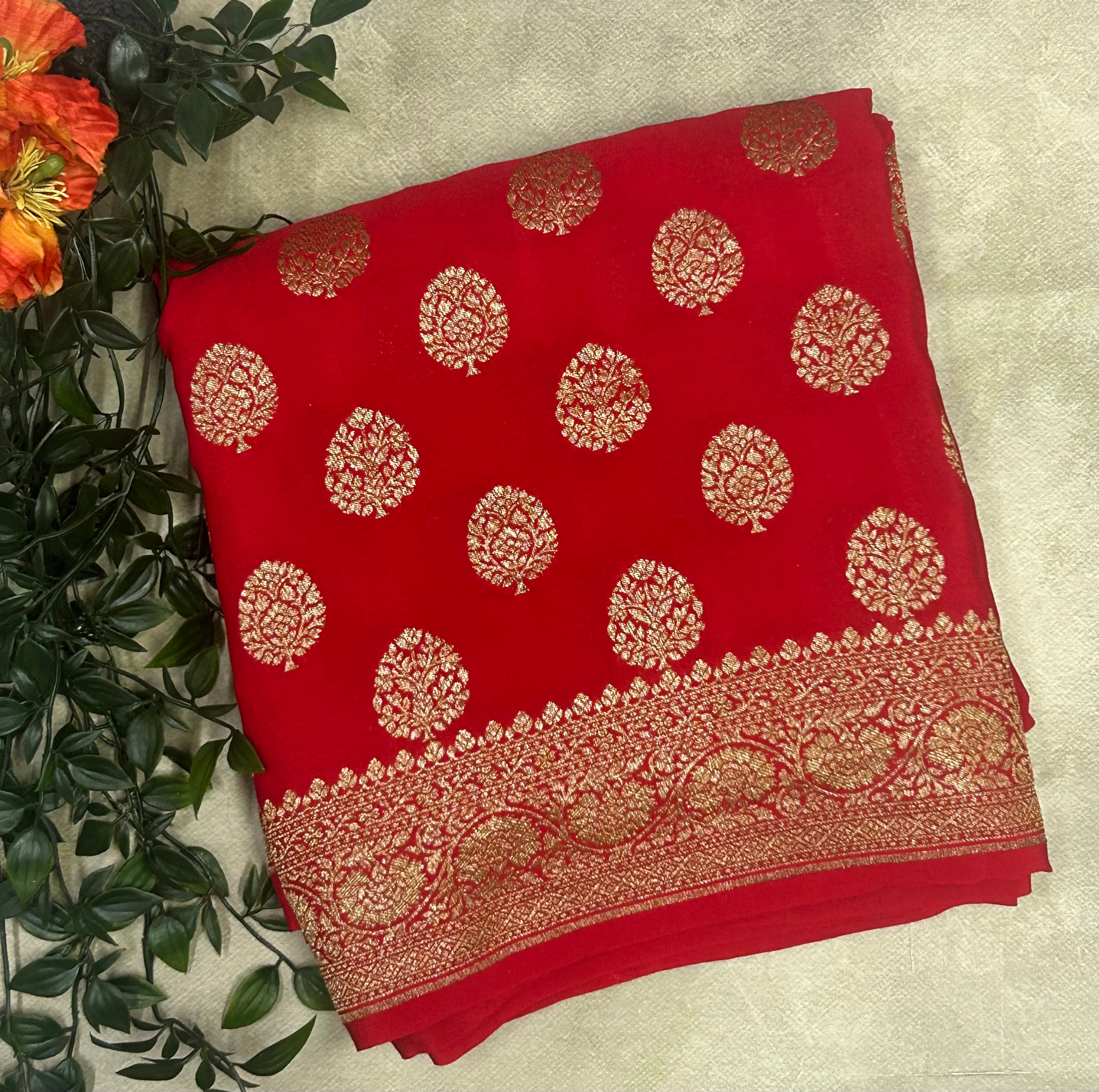 Bright red small n big butta pure benarasi crepe 103 saree