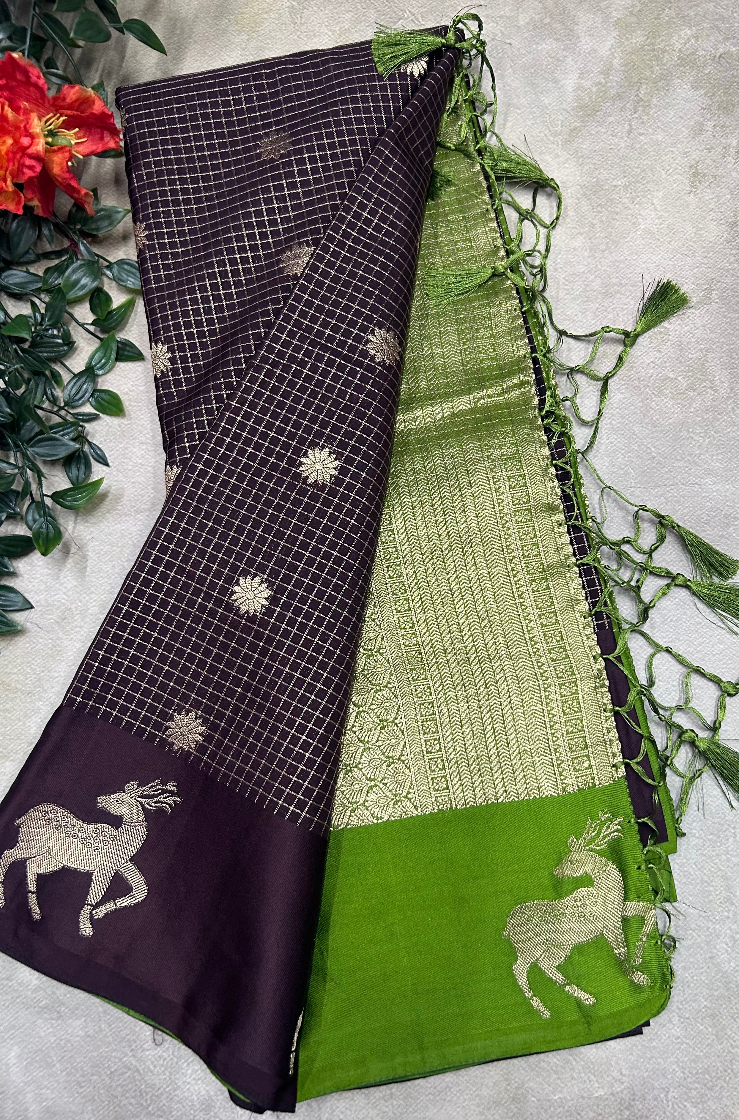 Dark brown small checks semi Mysore crepe saree(SMC106)
