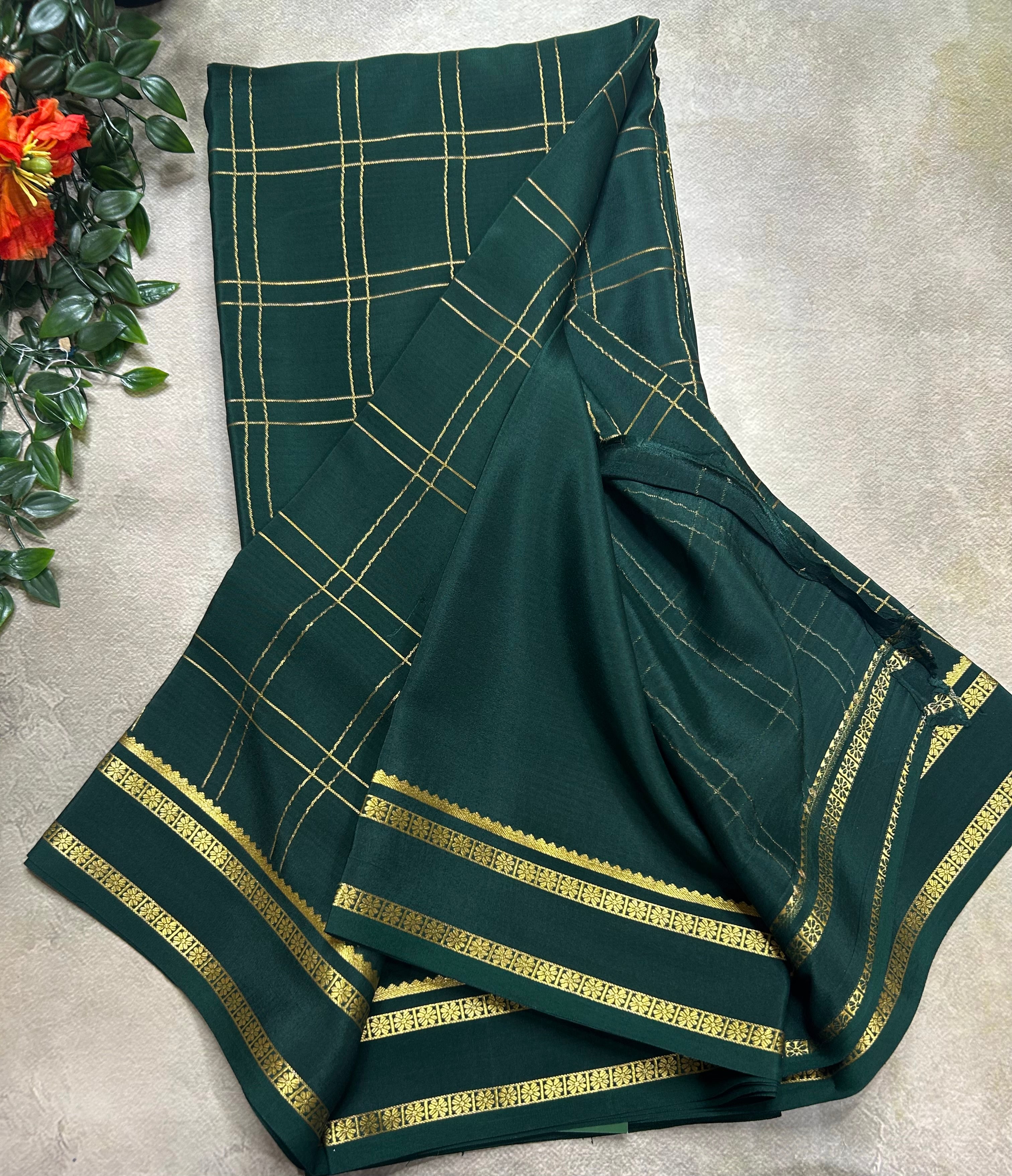 Bottle green big checks n Bentex border pure Mysore silk 106 saree