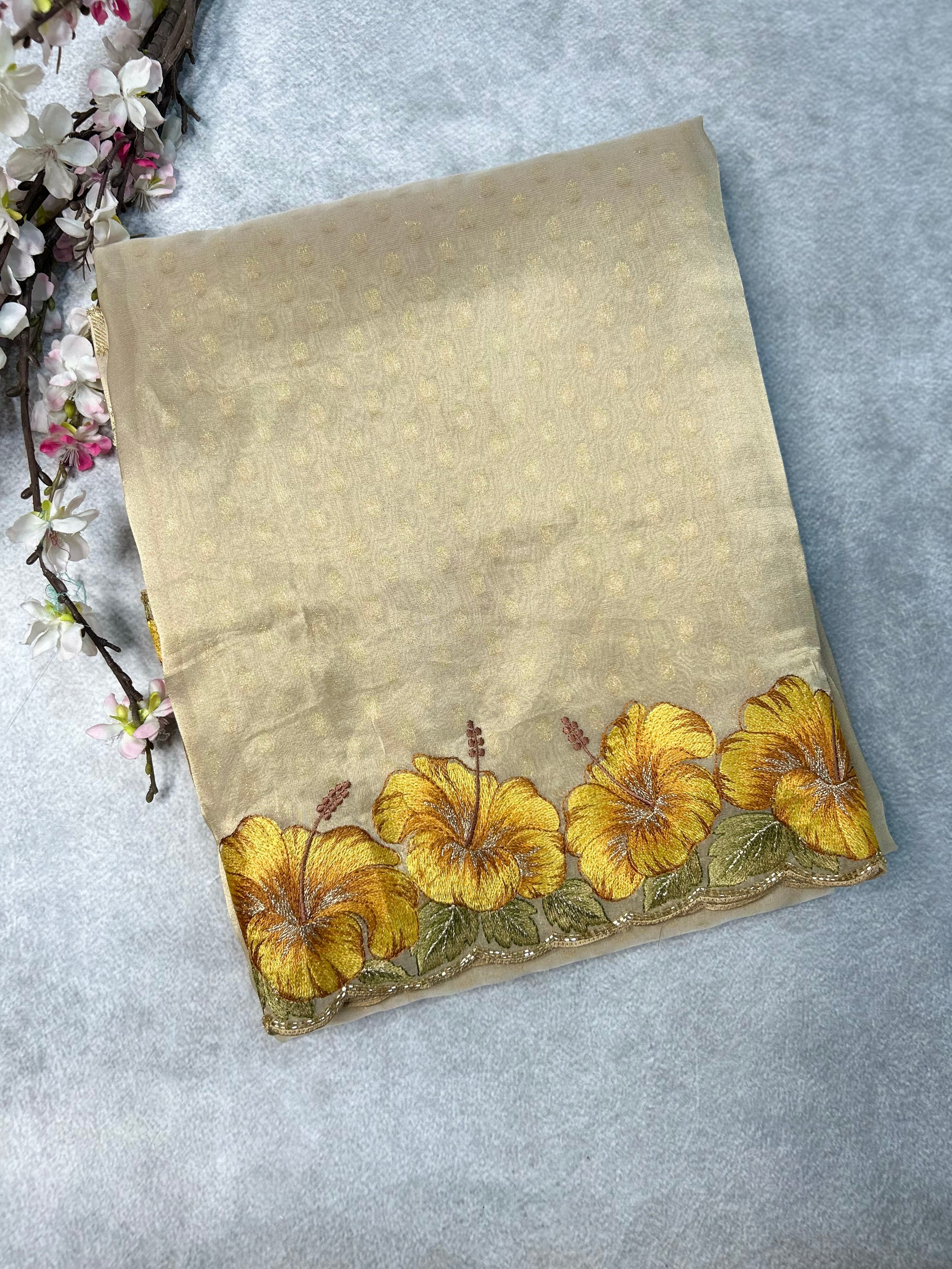 Yellow Hibiscus Tissue Silk saree 101