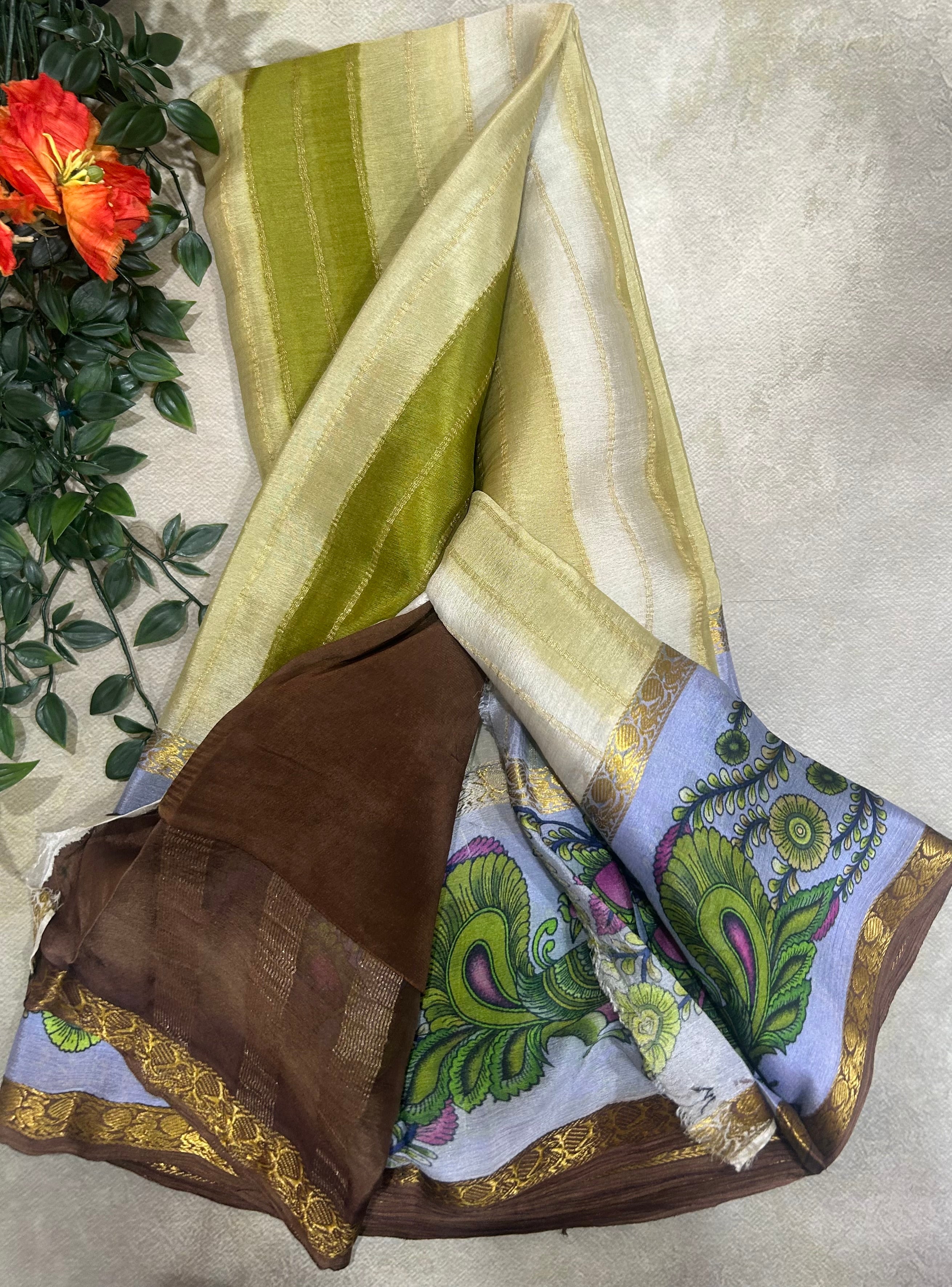 Rankart kalamkari border pure wrinkle 103 crepe silk saree