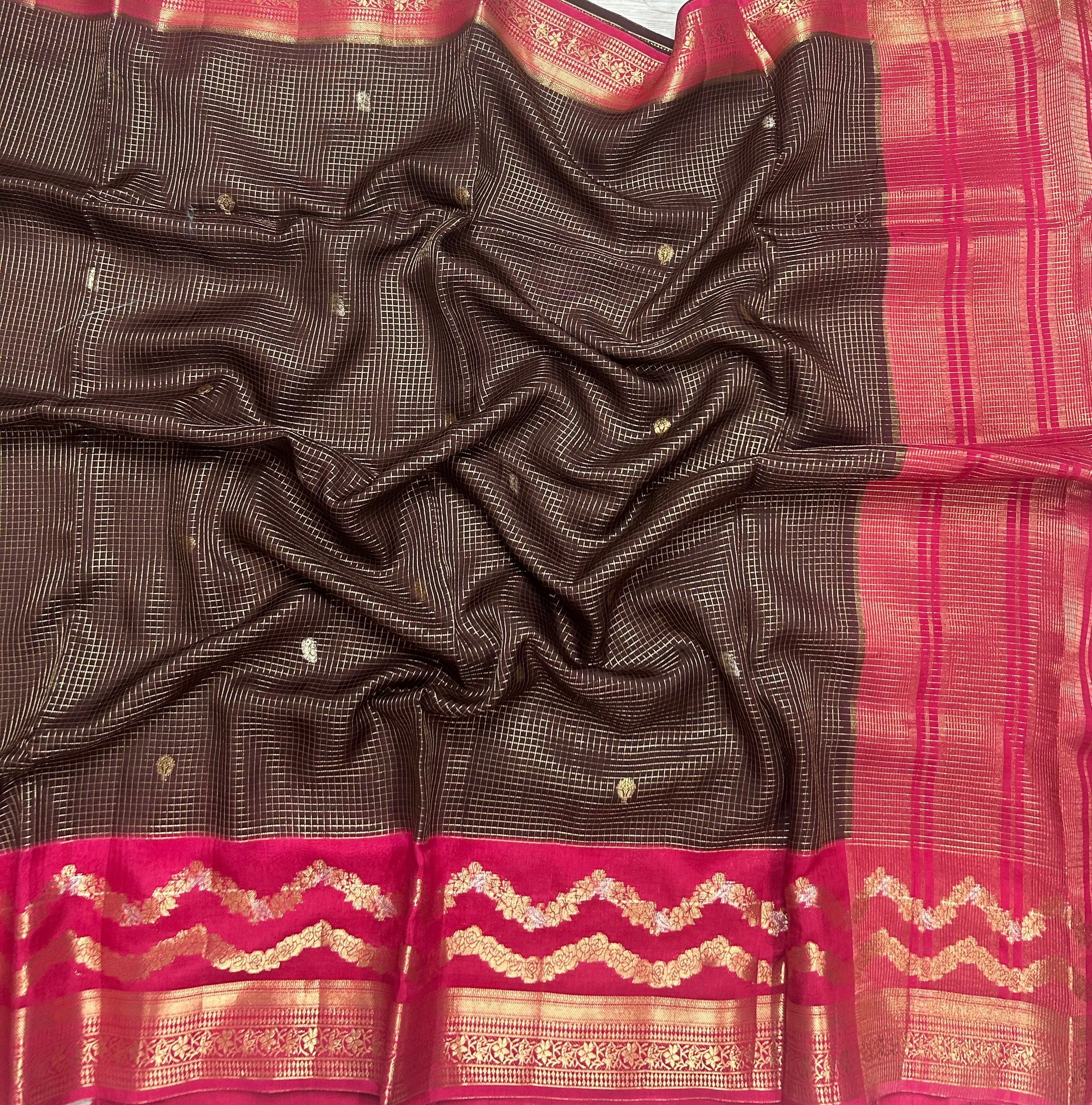 Brown small checks semi Mysore 105 saree