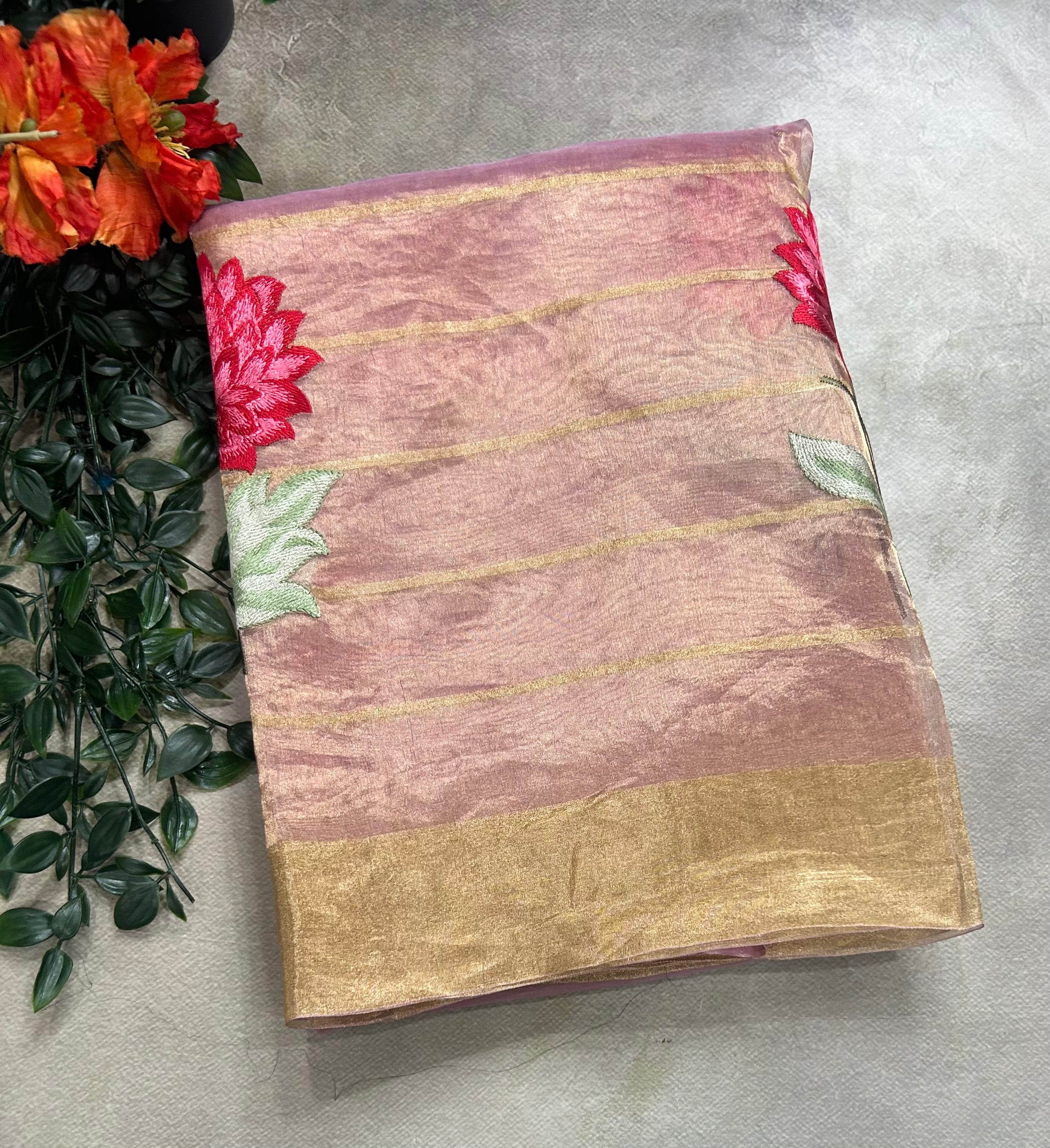 Pink floral embroidery work pure tissue organza 105 saree