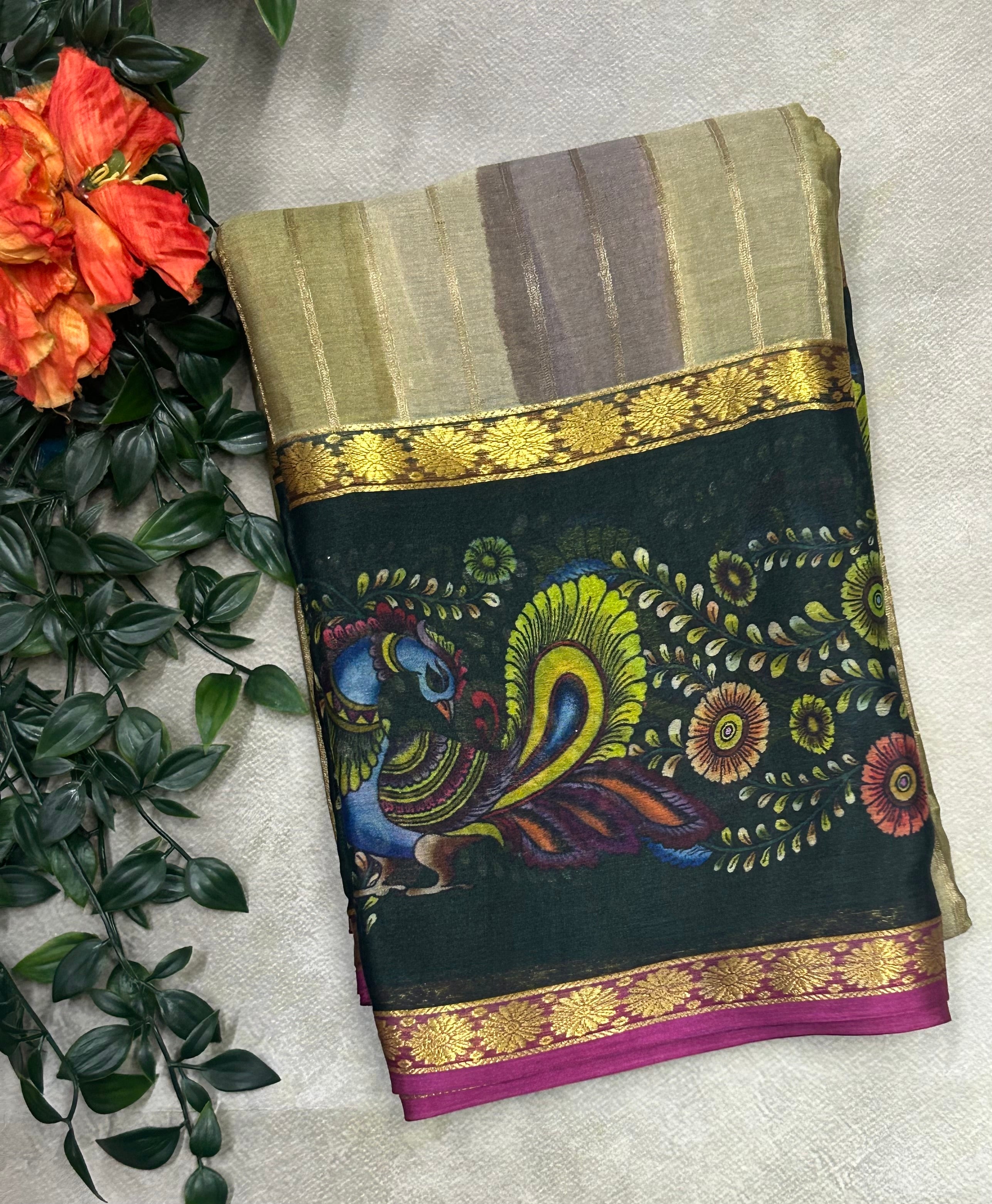 Rankart kalamkari border pure wrinkle 103 crepe silk saree