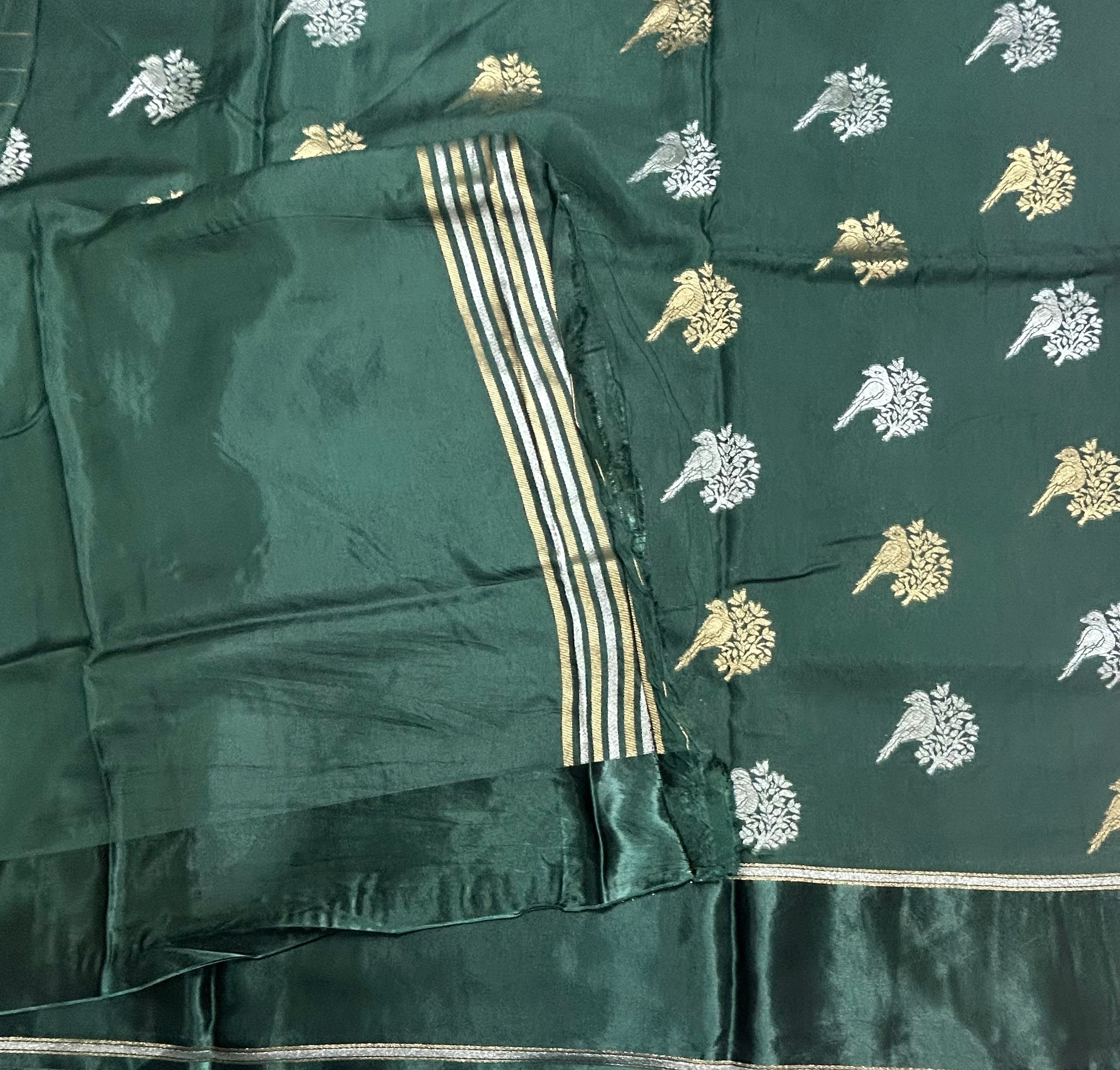 Bottle green satin border dola crepe 105 saree