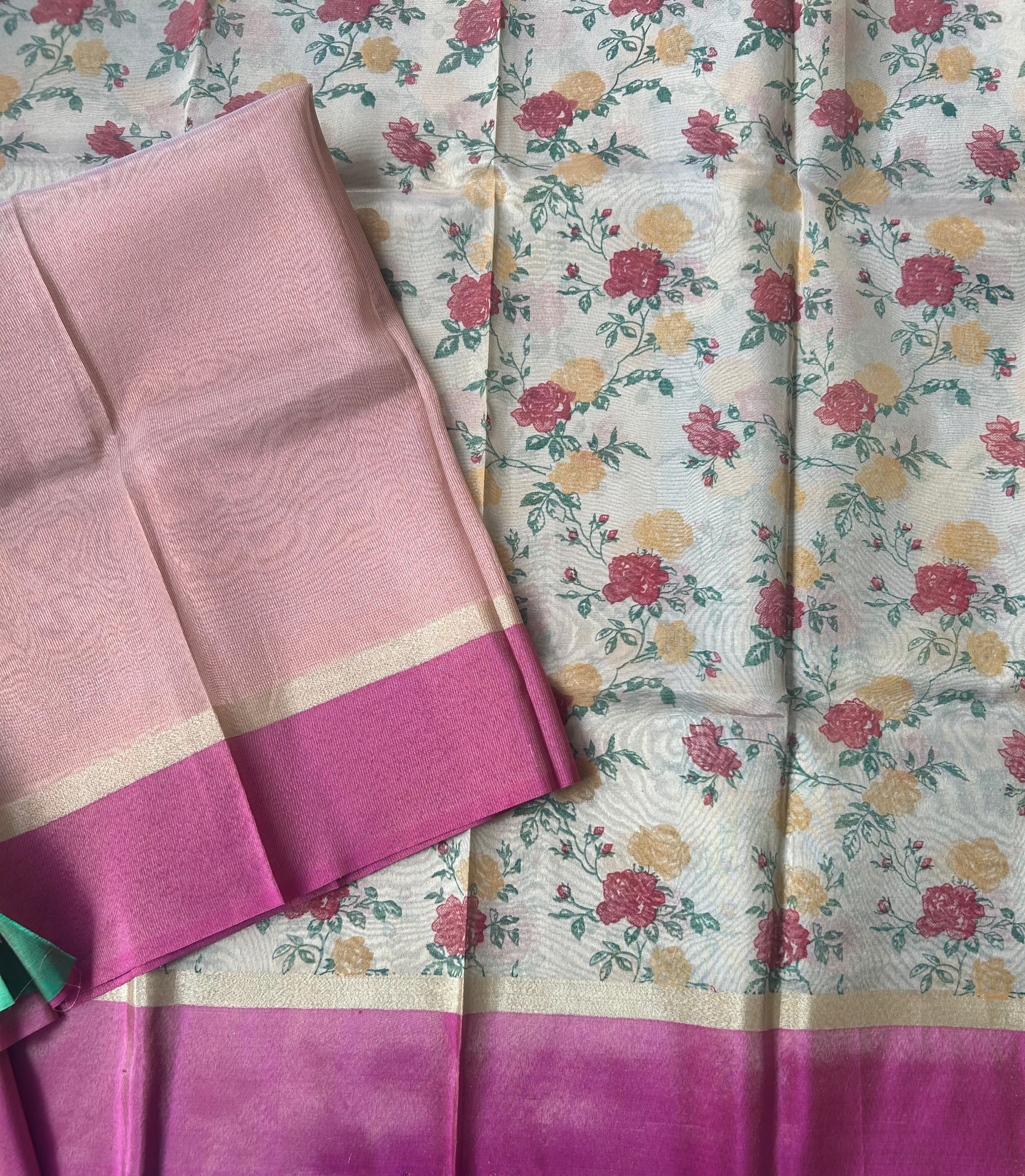 Golden cream digital print semi tissue saree