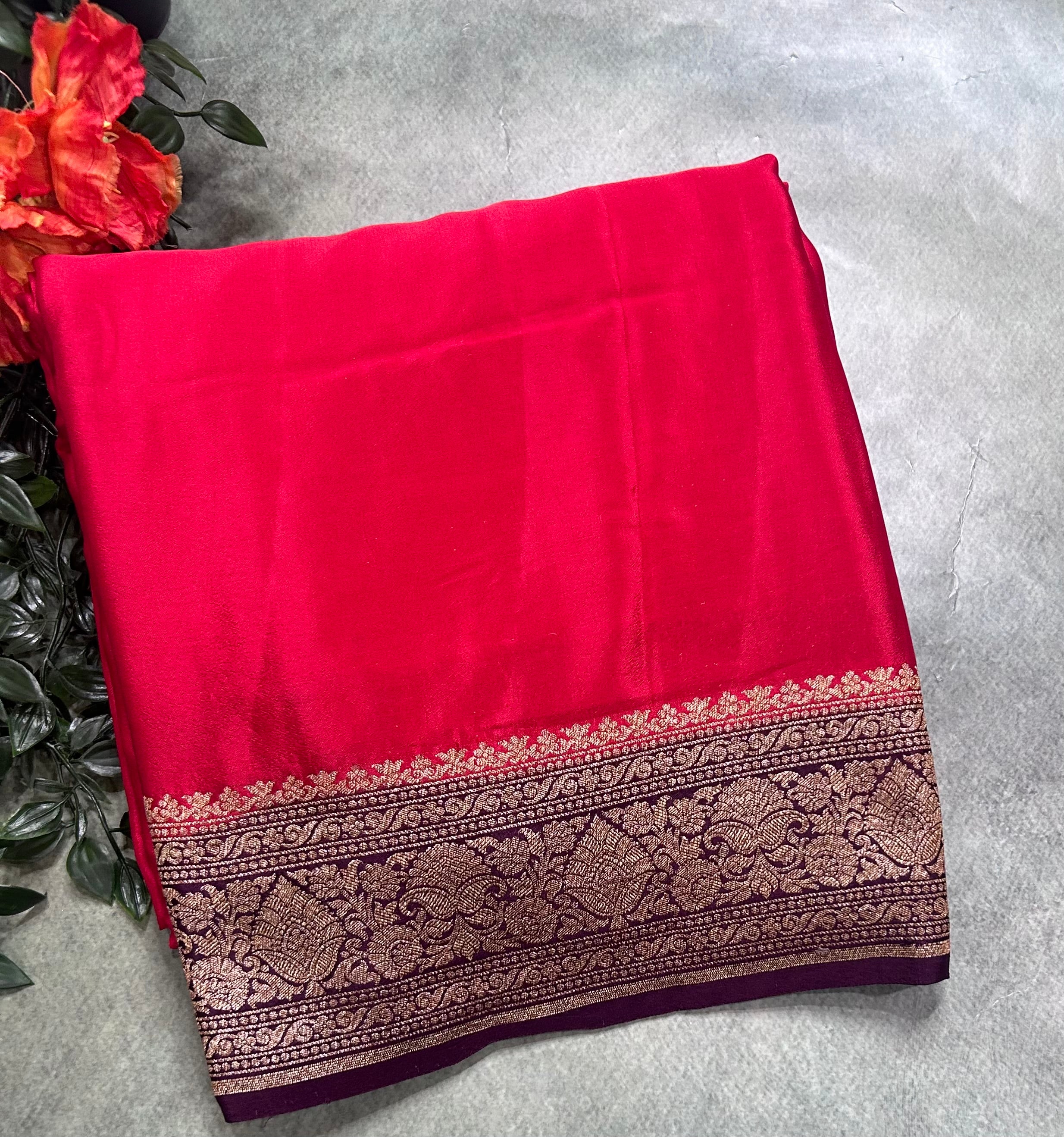 Red plain pure benarasi 106 crepe silk saree