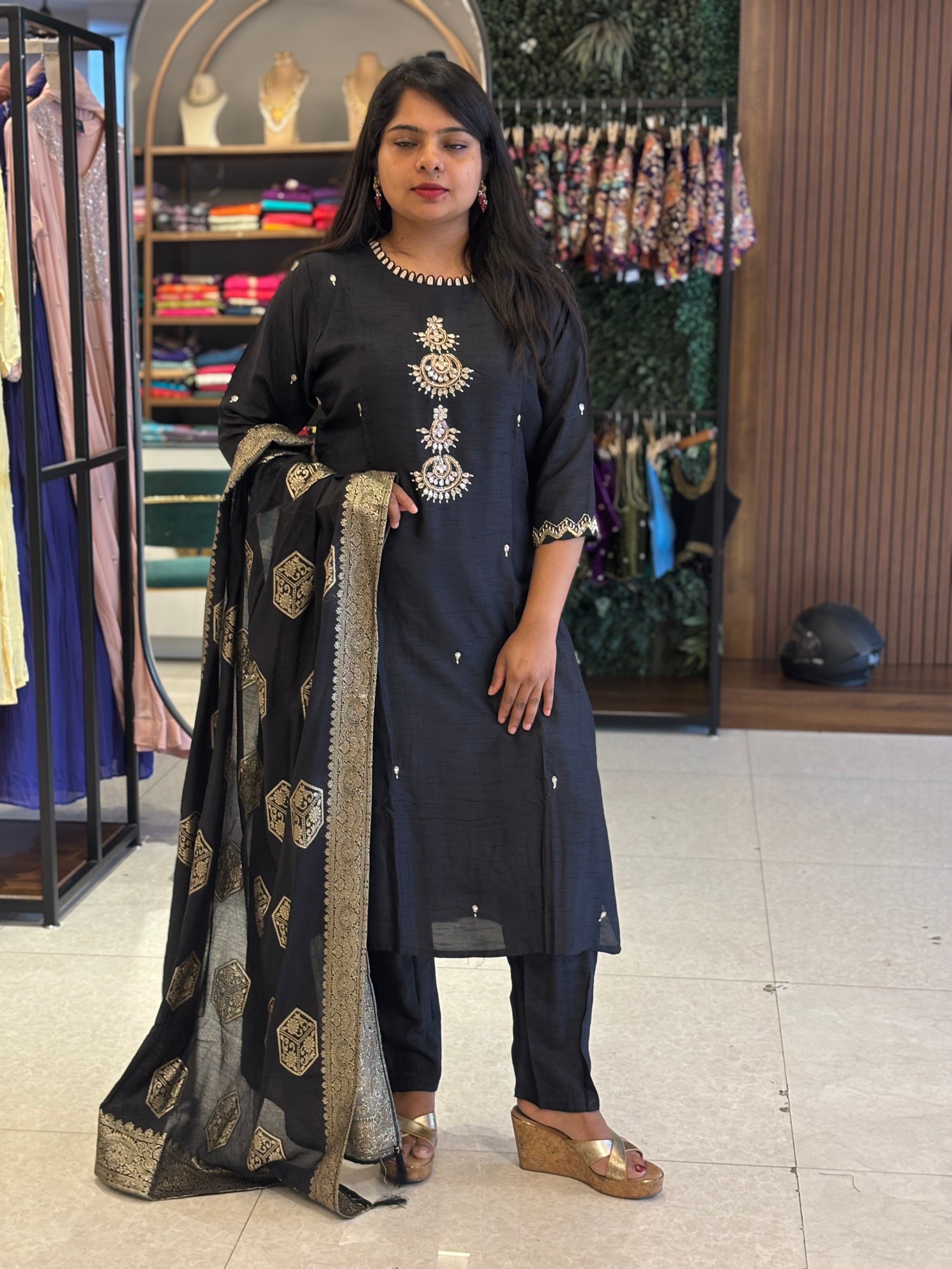 Black Dola Silk Handwork Straight Fit Kurtha 49